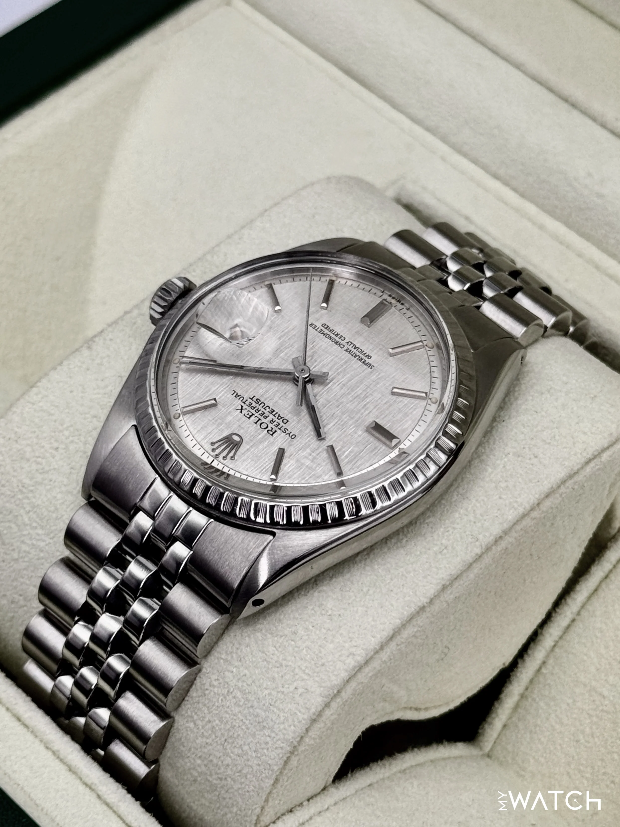 1970 Rolex Datejust 36mm 1603 Stainless Steel Jubilee Silver Linen Dial - Image 7