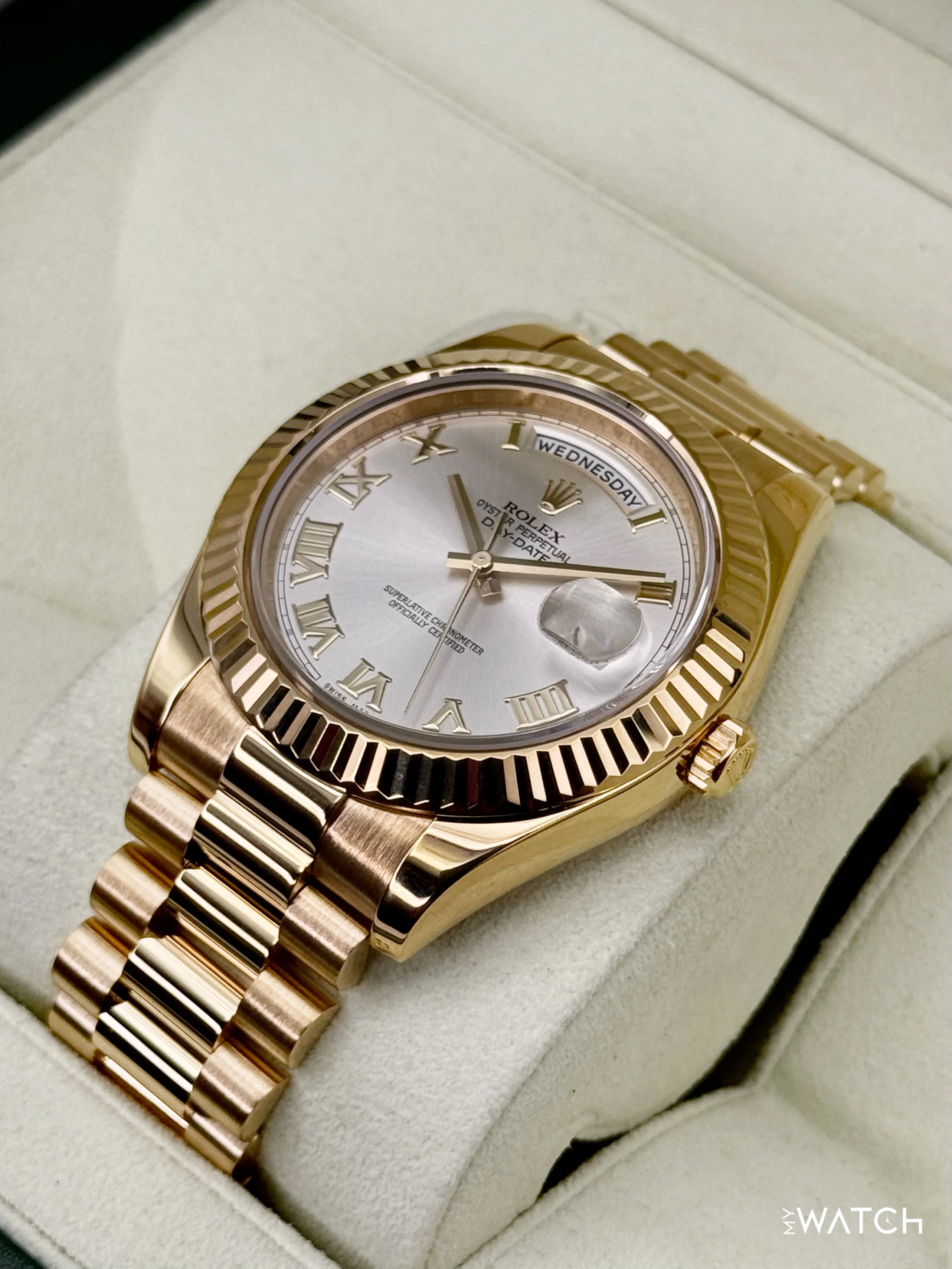 2012 Rolex Day-Date II 41mm 218238 Presidential Yellow Gold Silver Dial - Image 5