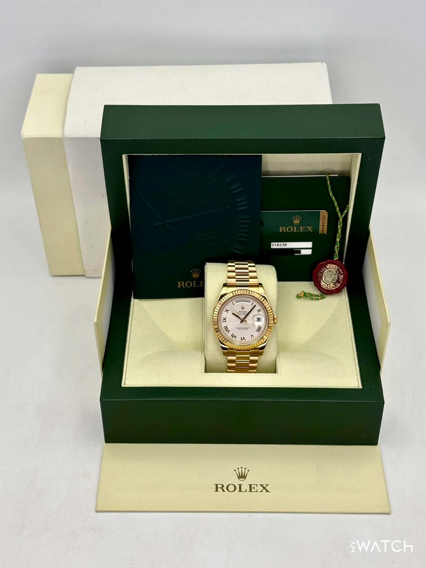 2012 Rolex Day-Date II 41mm 218238 Presidential Yellow Gold Silver Dial - Image 9