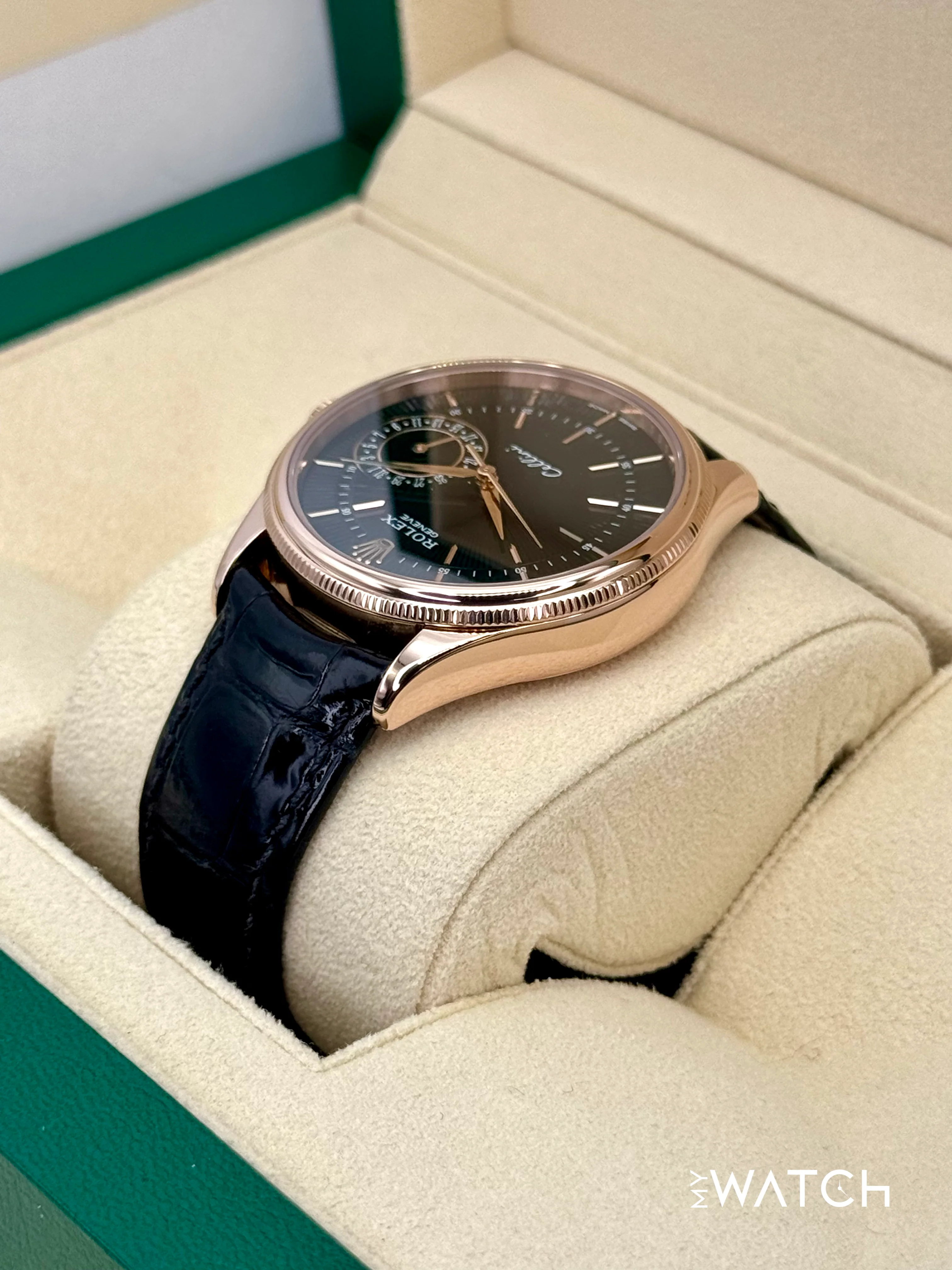 2014 Rolex Cellini Date 39mm 50515 Rose Gold Black Guilloche Dial - Image 7