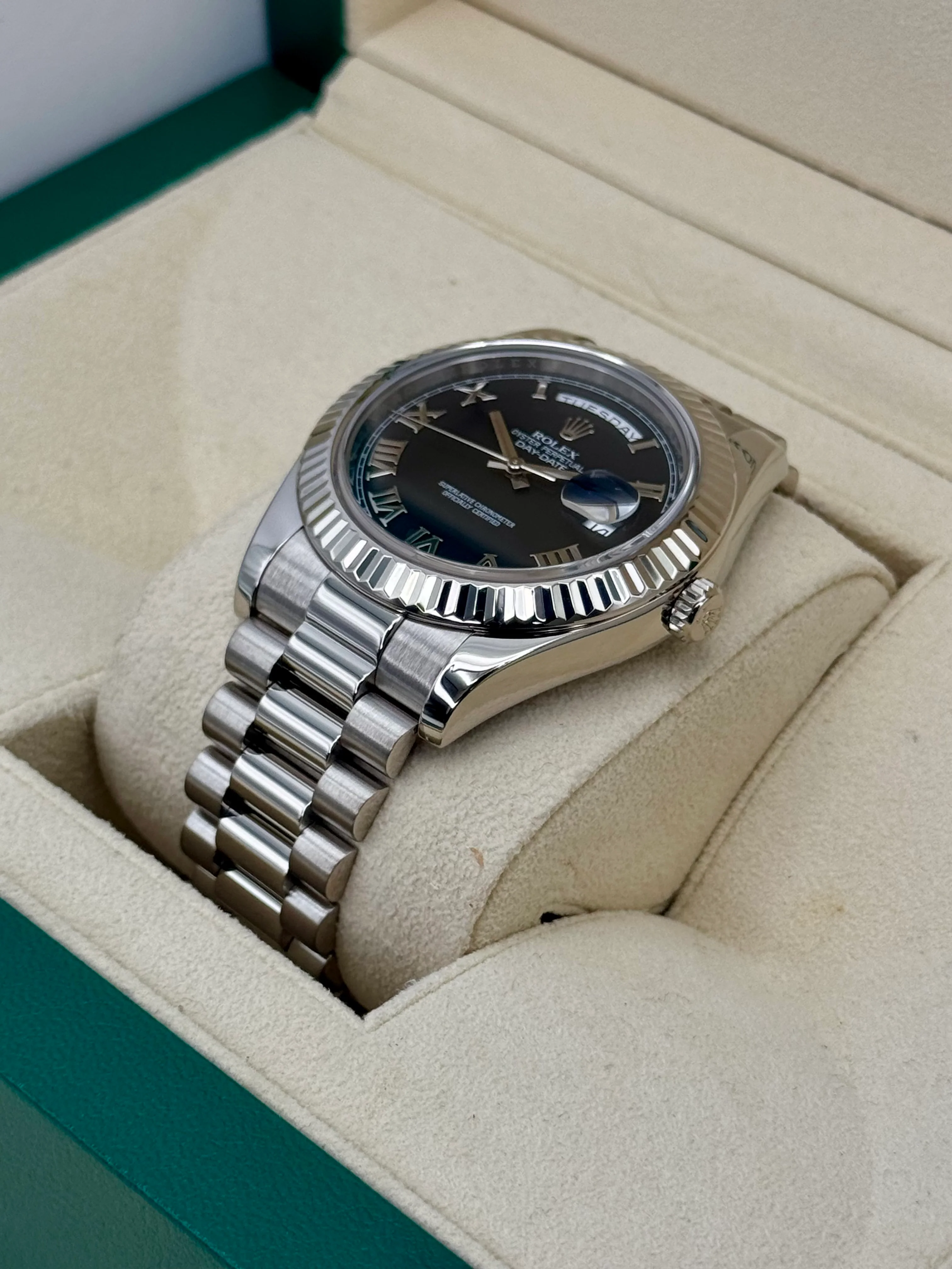 2015 Rolex Day-Date II 41mm 218239 White Gold Presidential Black Dial - Image 5
