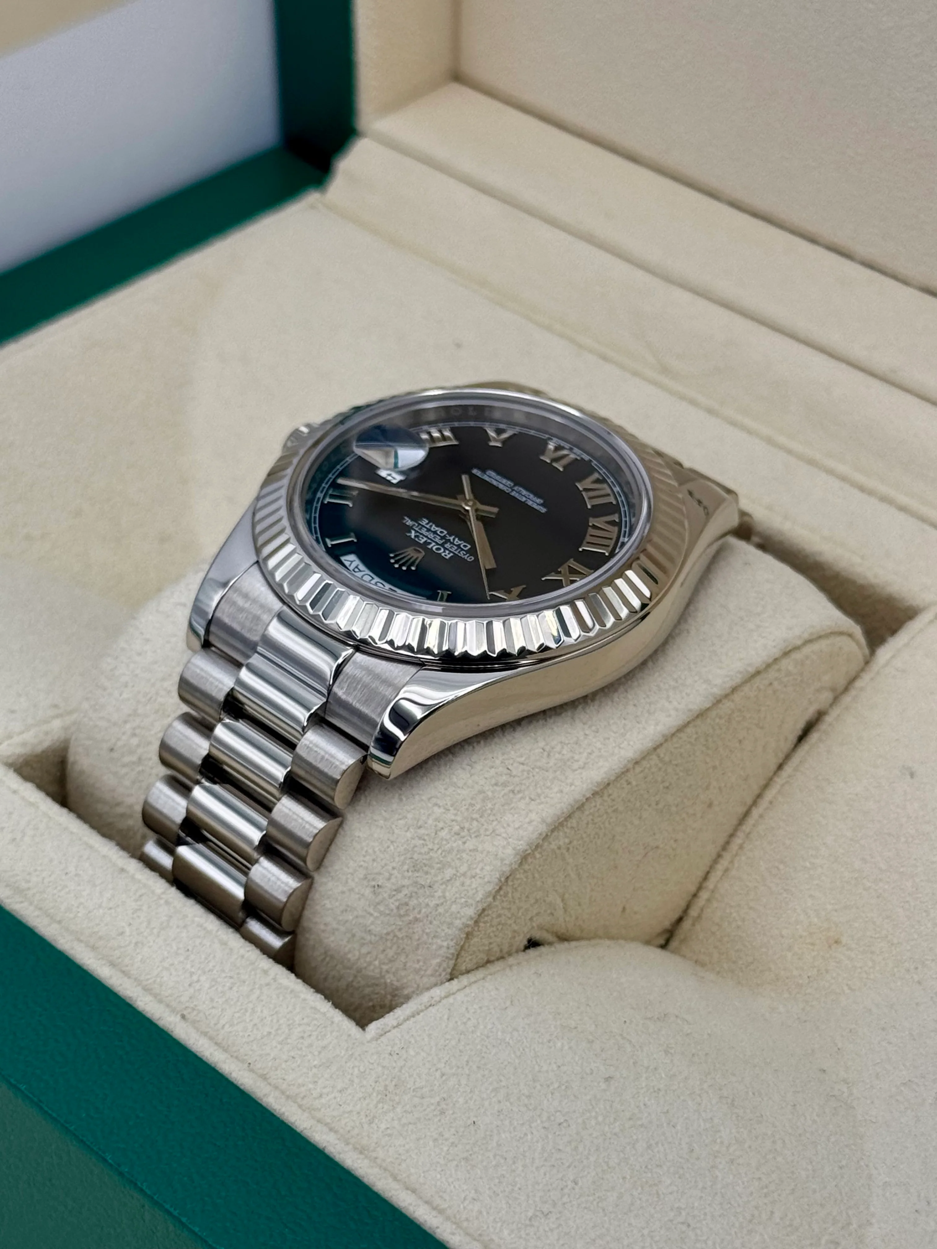 2015 Rolex Day-Date II 41mm 218239 White Gold Presidential Black Dial - Image 7