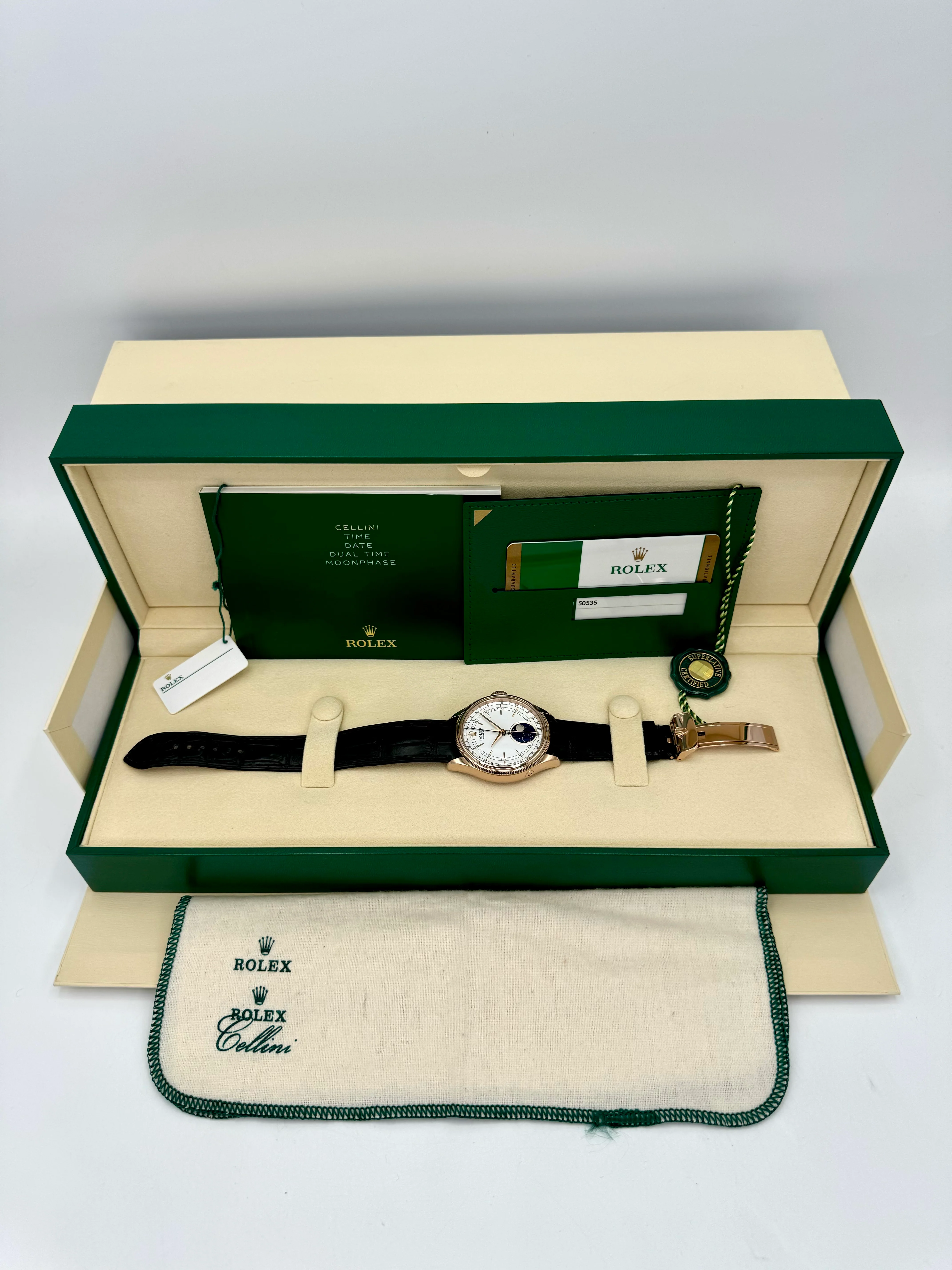 2018 Rolex Cellini Moonphase 39mm 50535 Rose Gold White Dial - Image 12