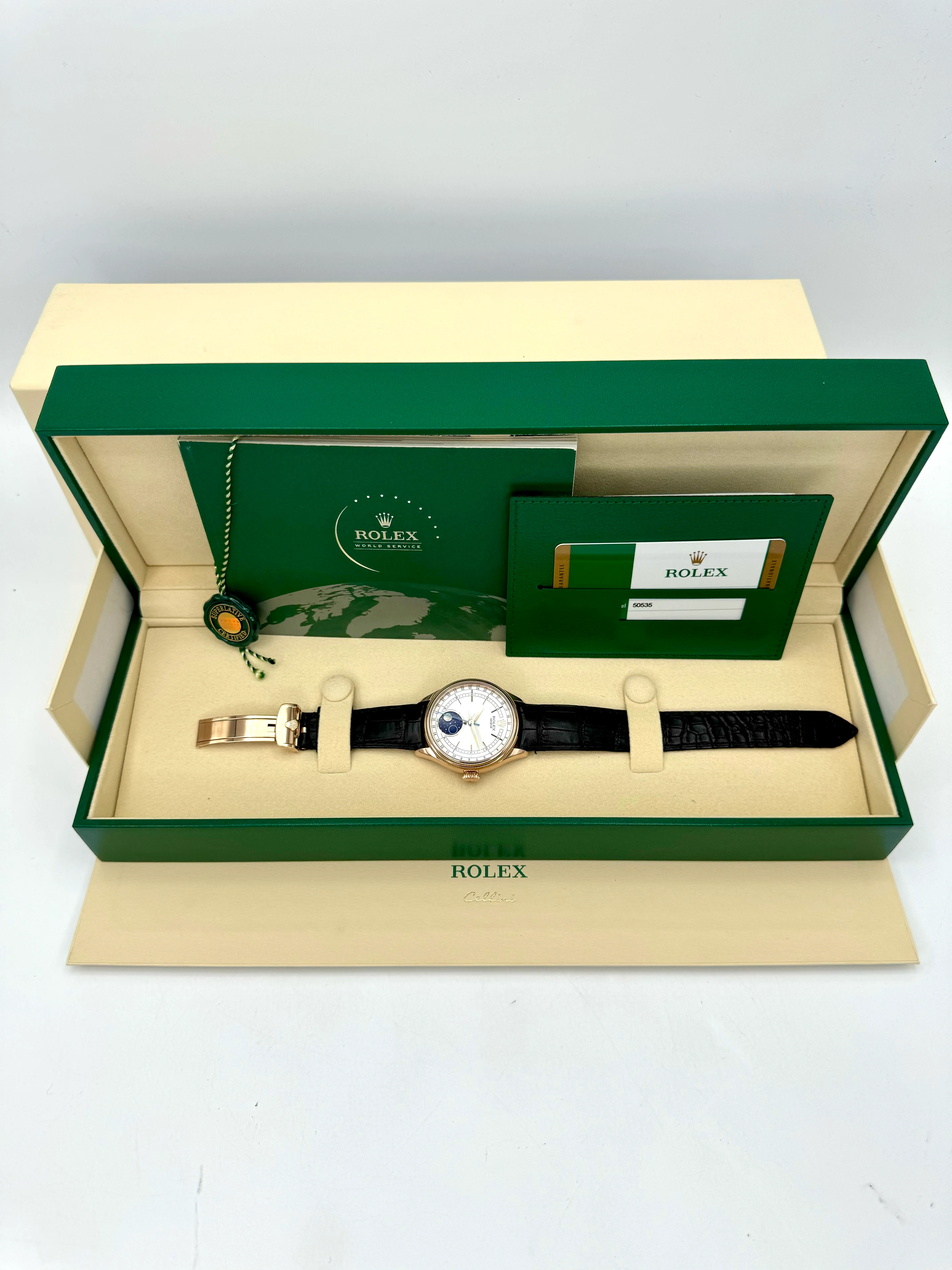 2018 Rolex Cellini Moonphase 39mm 50535 Rose Gold White Dial - Image 12