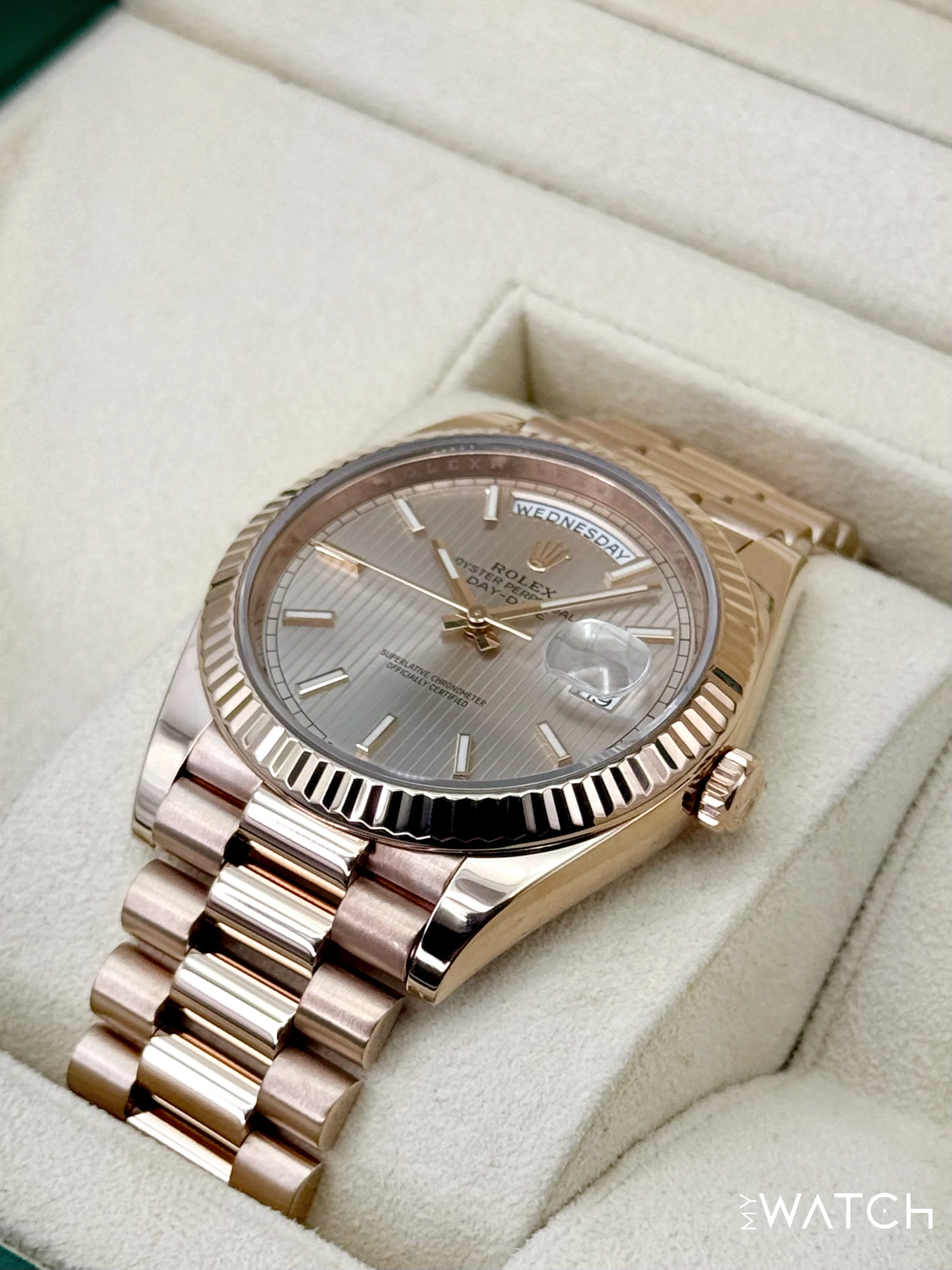 2018 Rolex Day-Date 40mm 228235 Presidential Rose Gold Sundust Stripe Motif Dial - Image 5