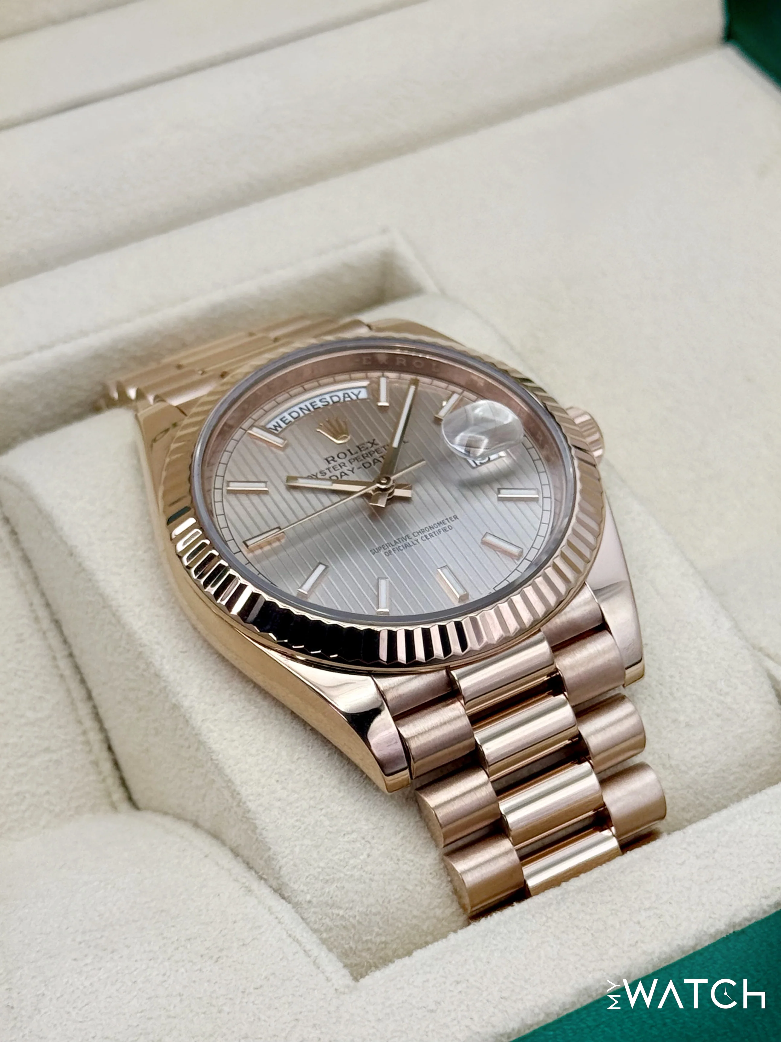 2018 Rolex Day-Date 40mm 228235 Presidential Rose Gold Sundust Stripe Motif Dial - Image 6