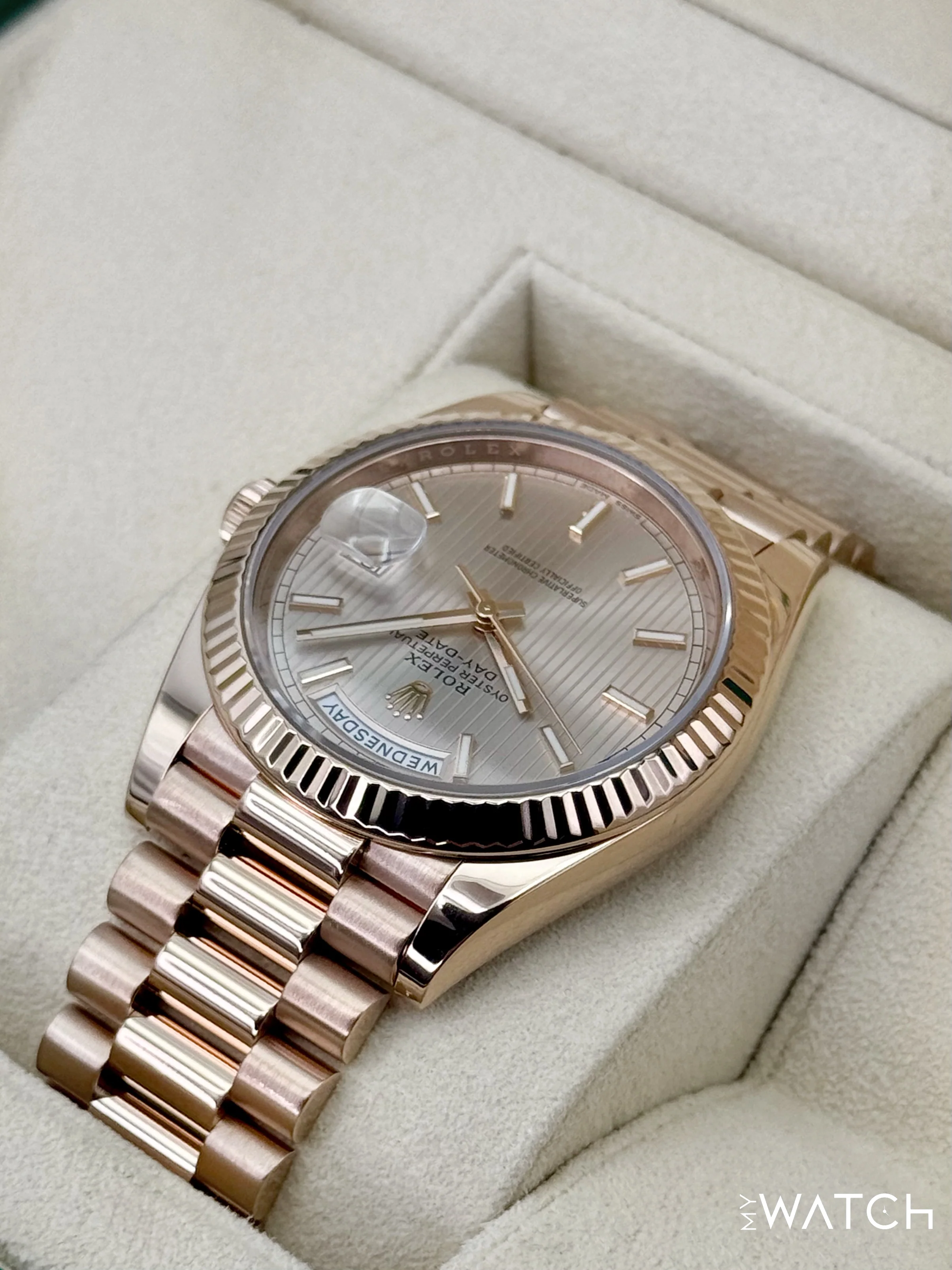 2018 Rolex Day-Date 40mm 228235 Presidential Rose Gold Sundust Stripe Motif Dial - Image 7