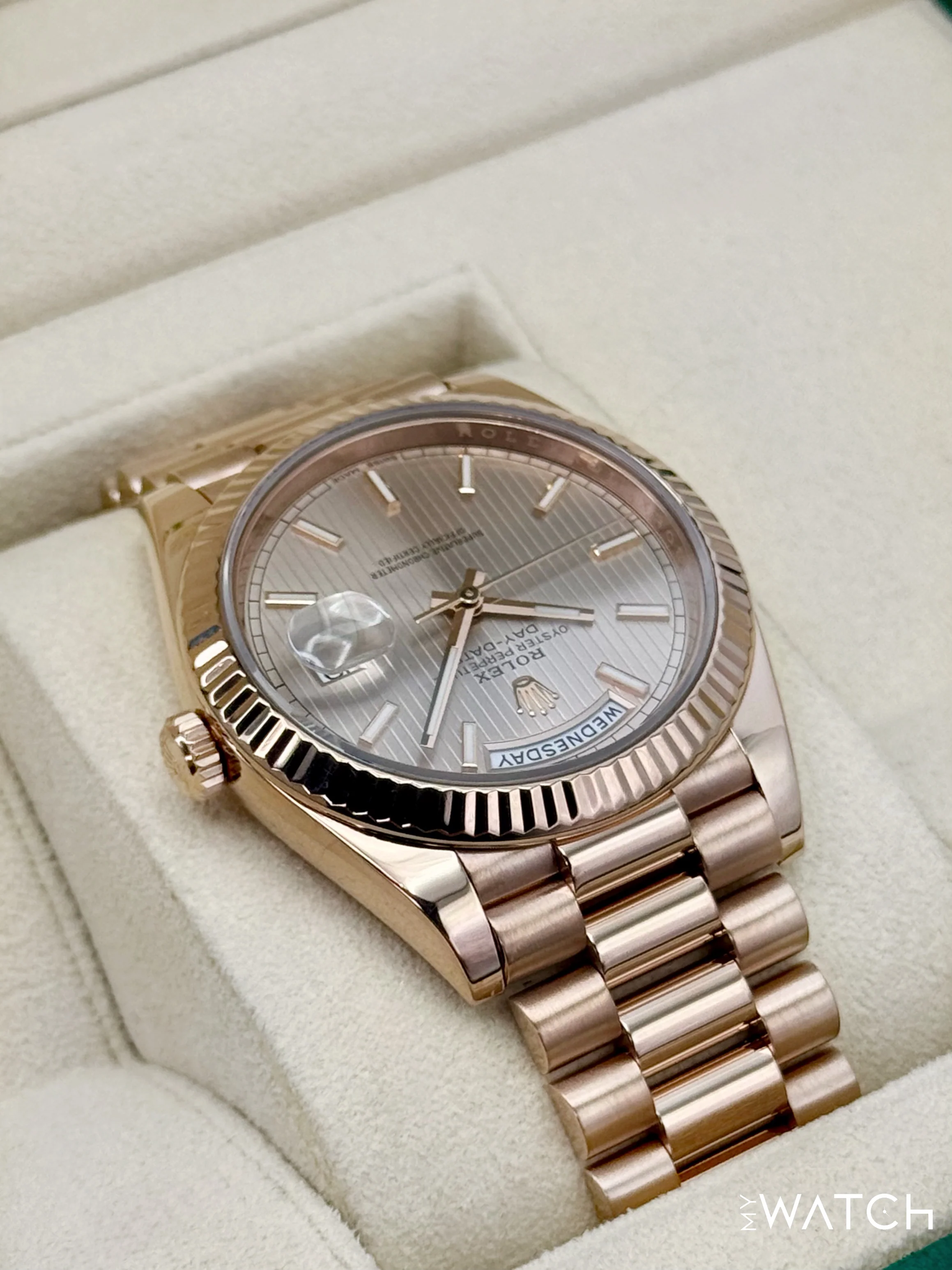 2018 Rolex Day-Date 40mm 228235 Presidential Rose Gold Sundust Stripe Motif Dial - Image 8