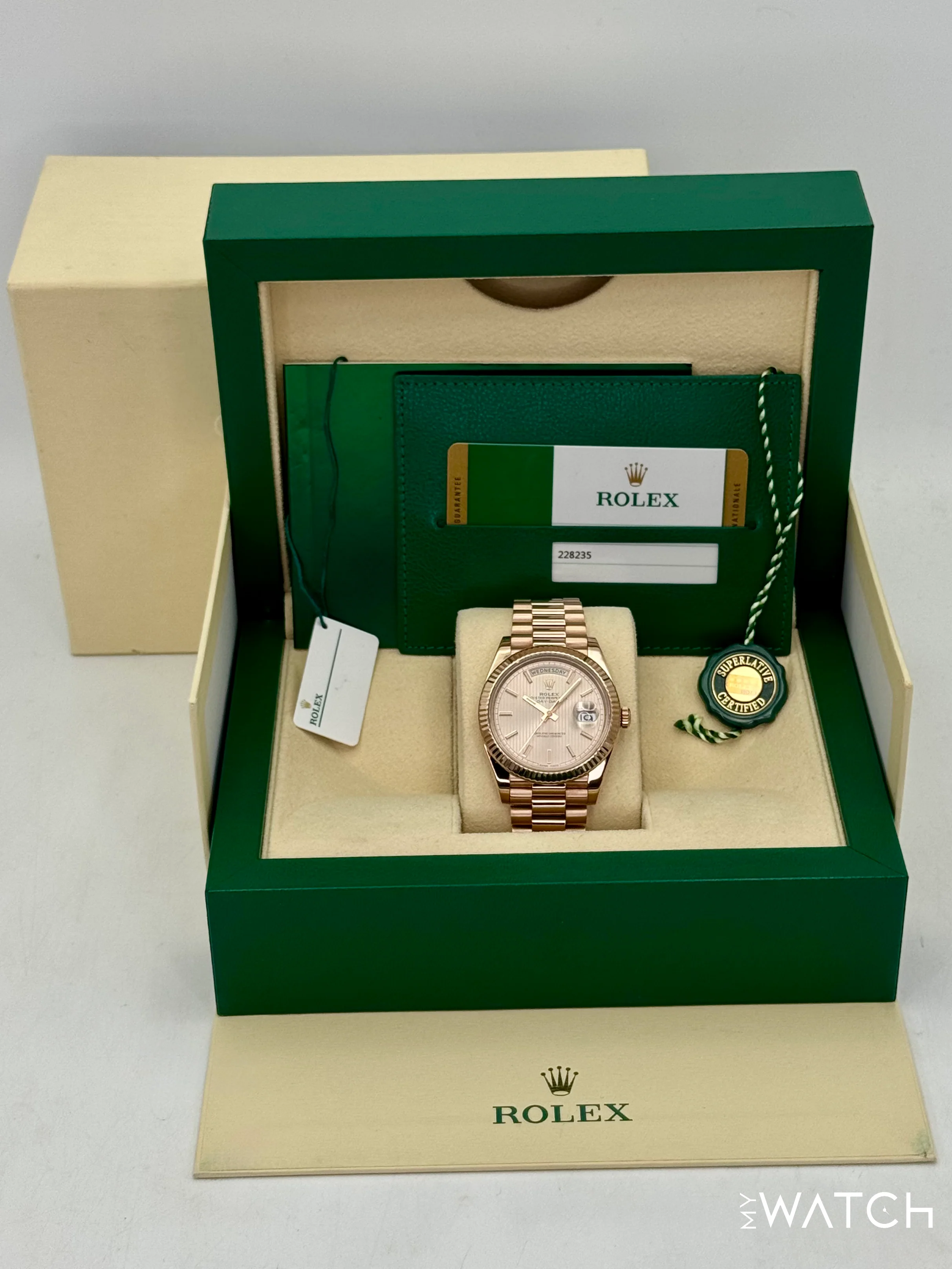 2018 Rolex Day-Date 40mm 228235 Presidential Rose Gold Sundust Stripe Motif Dial - Image 9
