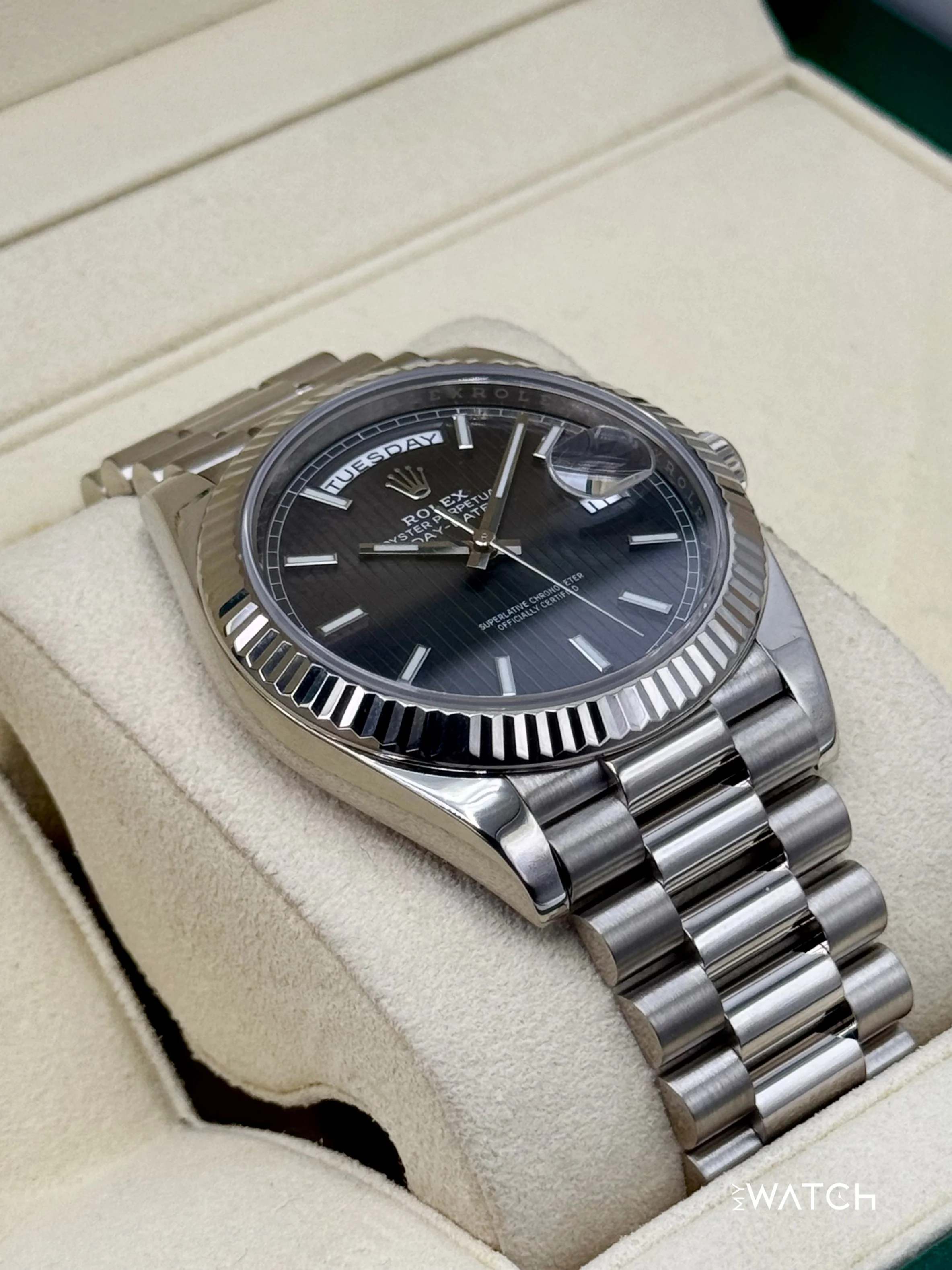 2020 Rolex Day-Date 40mm 228239 White Gold Rhodium Motif Dial - Image 6