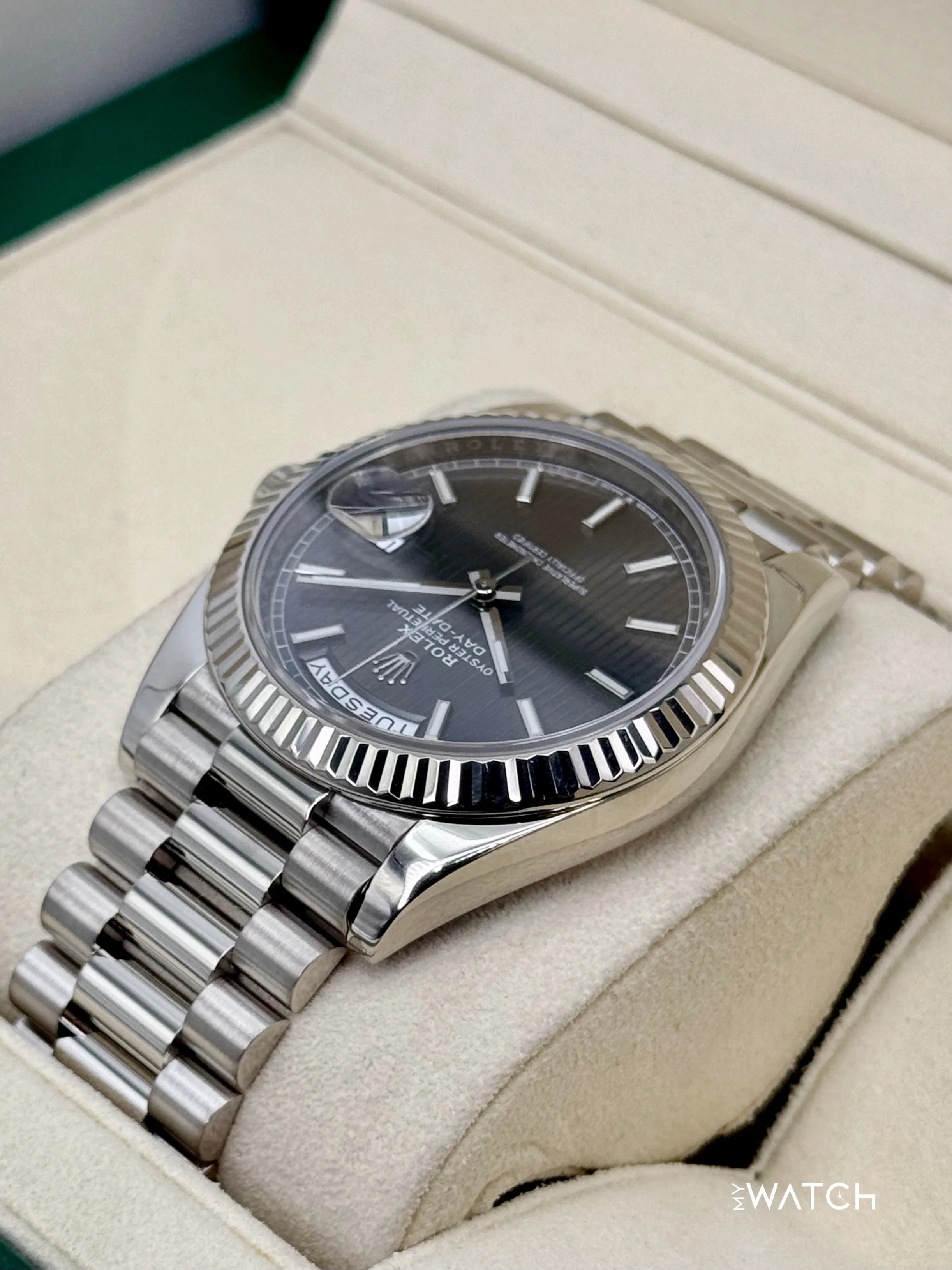 2020 Rolex Day-Date 40mm 228239 White Gold Rhodium Motif Dial - Image 7