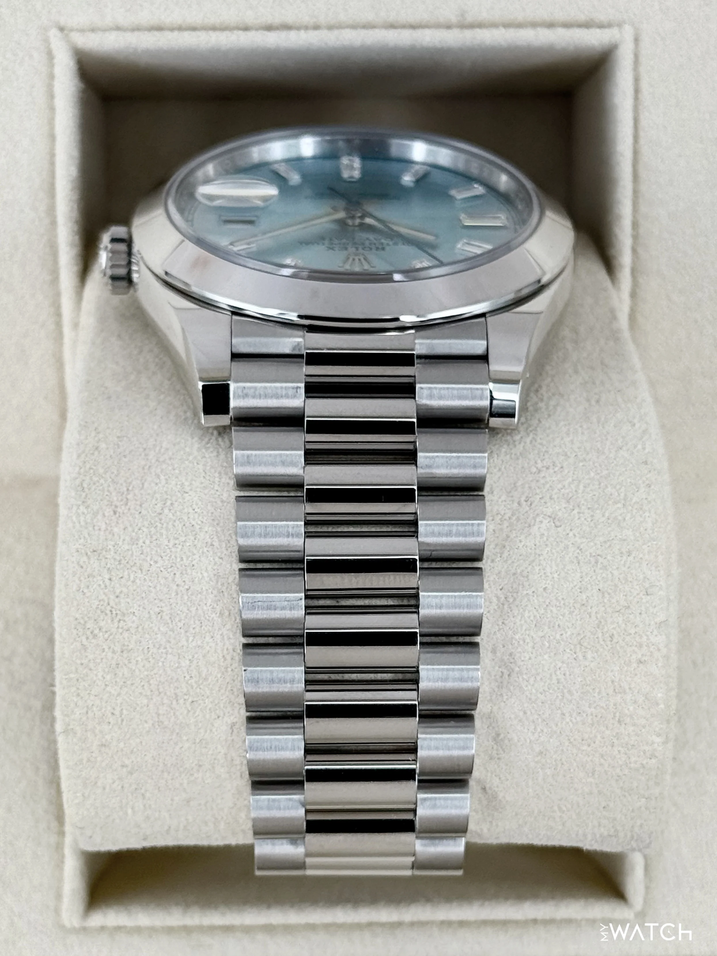 2021 Rolex Day-Date 40mm 228206 Platinum Ice Blue Diamond Dial - Image 4