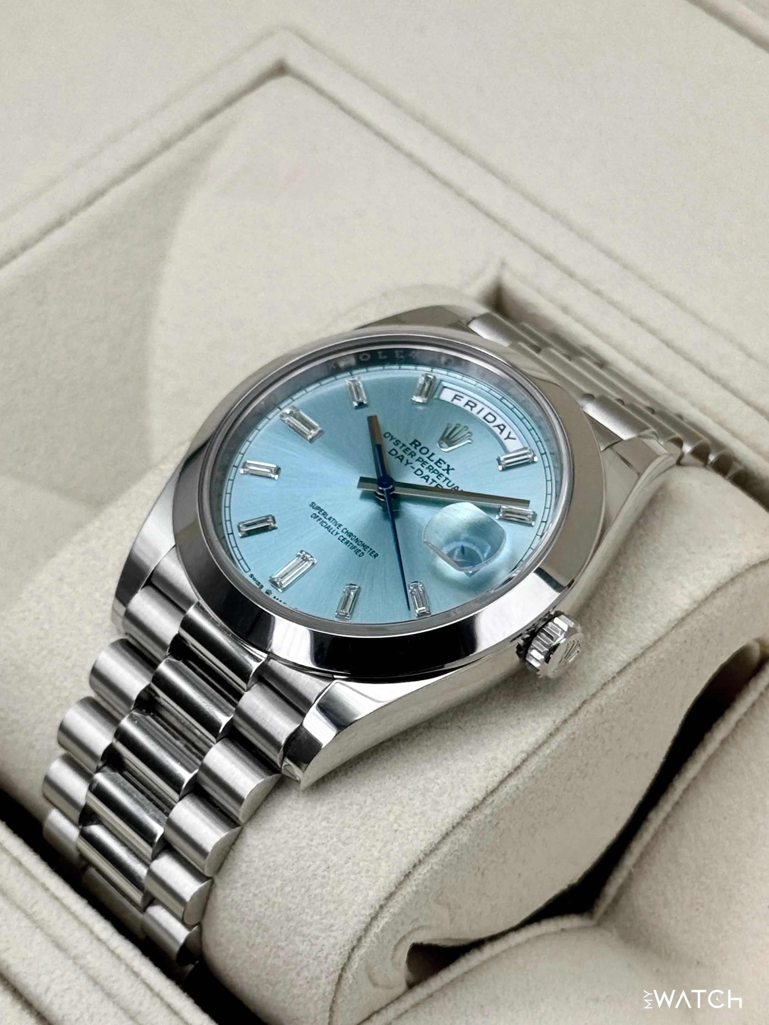 2021 Rolex Day-Date 40mm 228206 Platinum Ice Blue Diamond Dial - Image 5