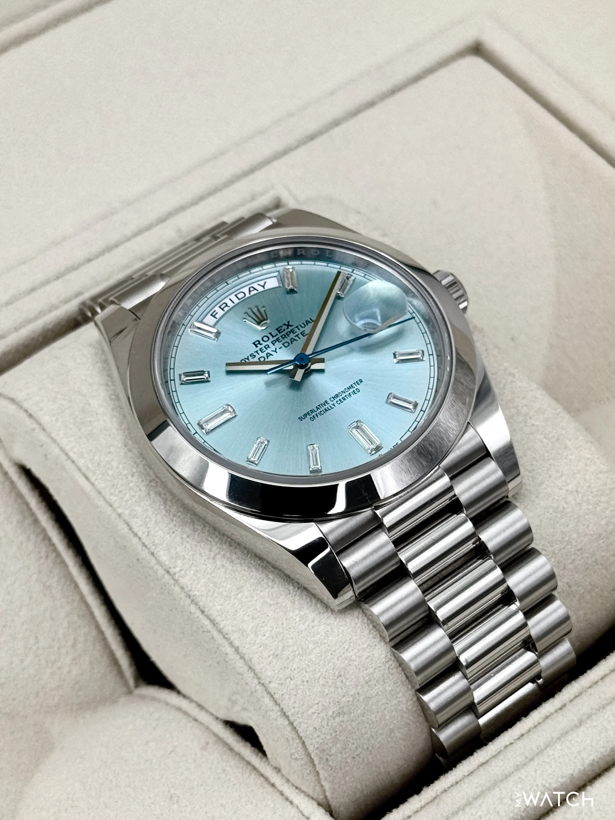 2021 Rolex Day-Date 40mm 228206 Platinum Ice Blue Diamond Dial - Image 6
