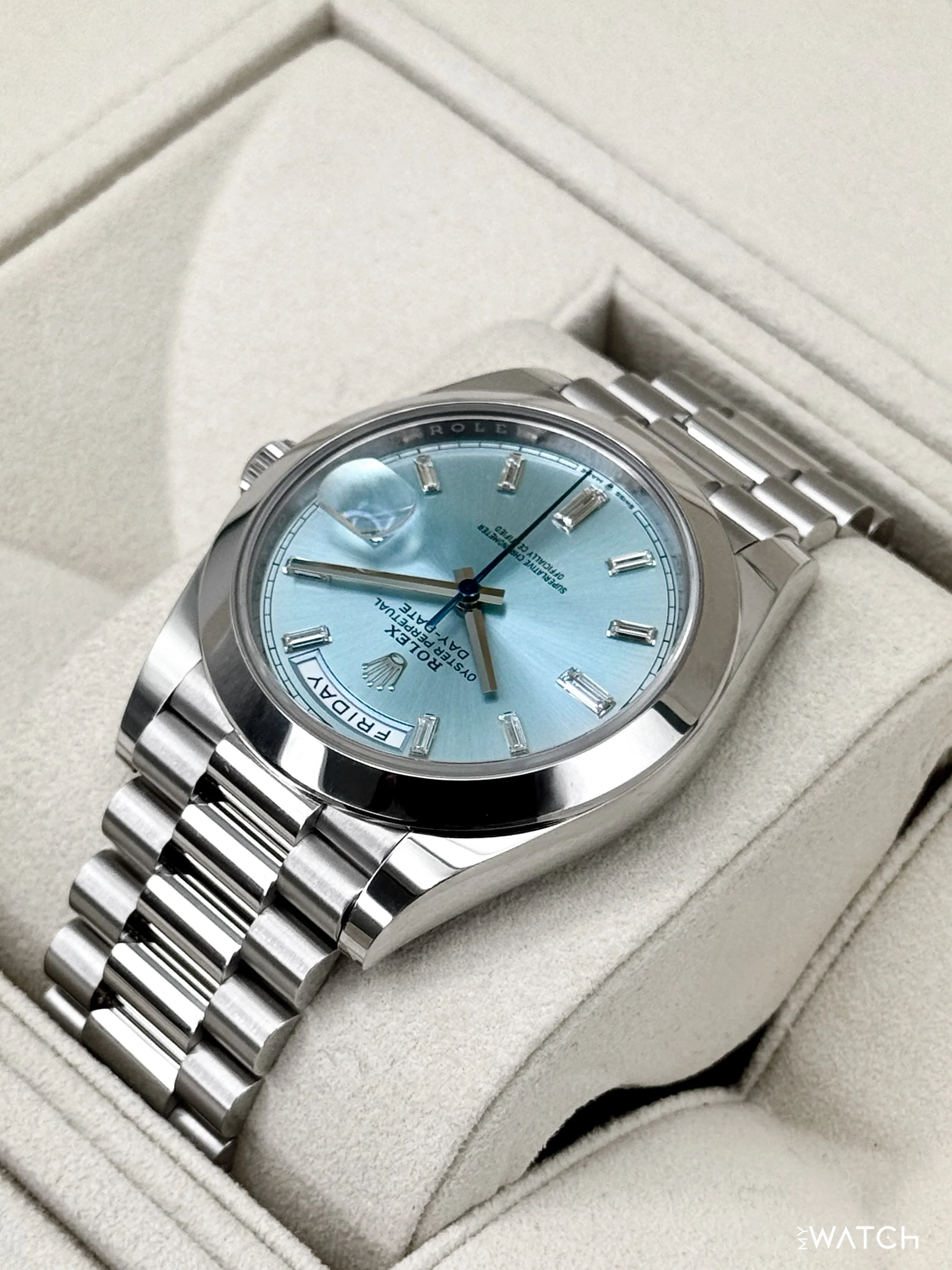 2021 Rolex Day-Date 40mm 228206 Platinum Ice Blue Diamond Dial - Image 7