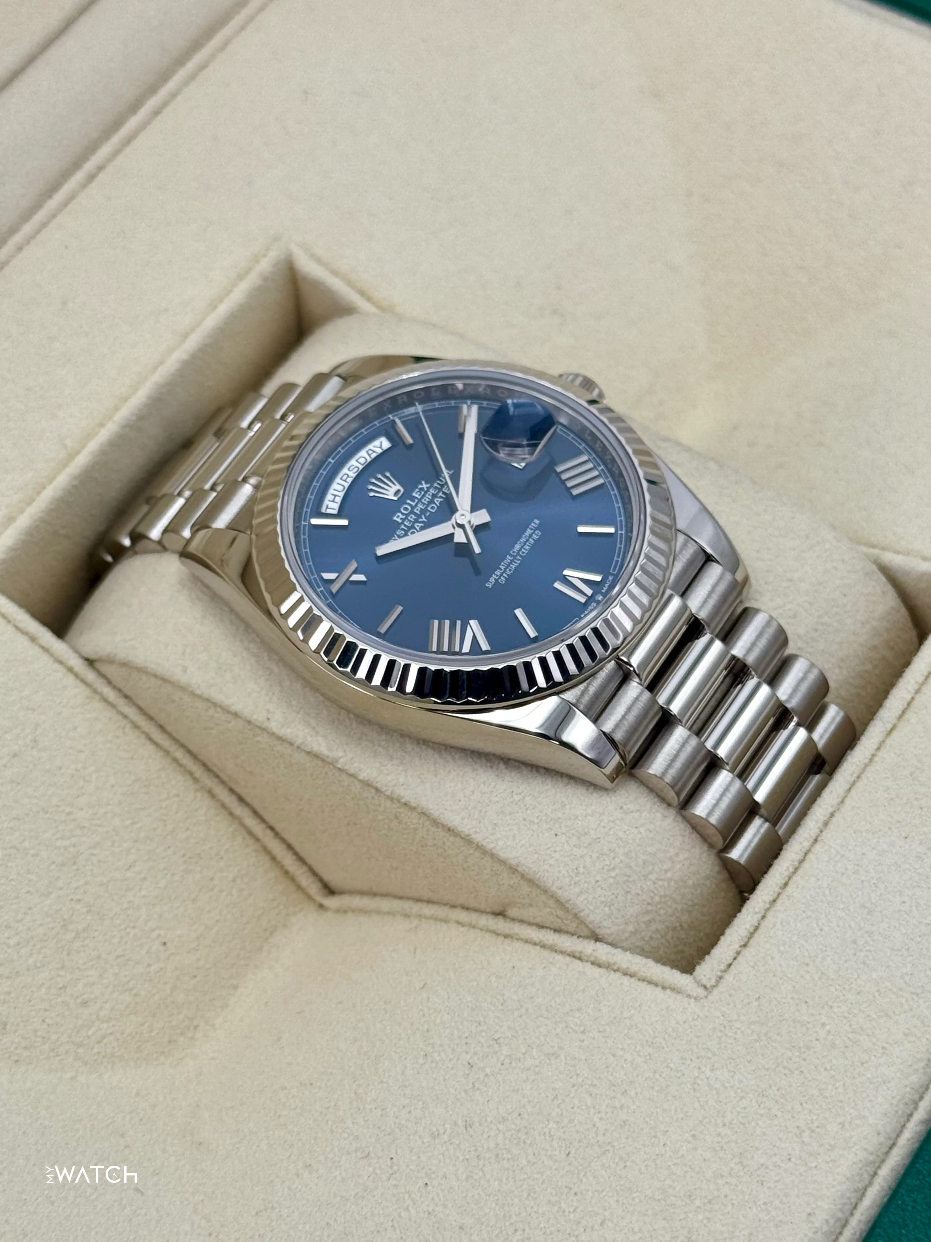 2021 Rolex Day-Date 40mm 228239 White Gold Blue Dial - Image 6