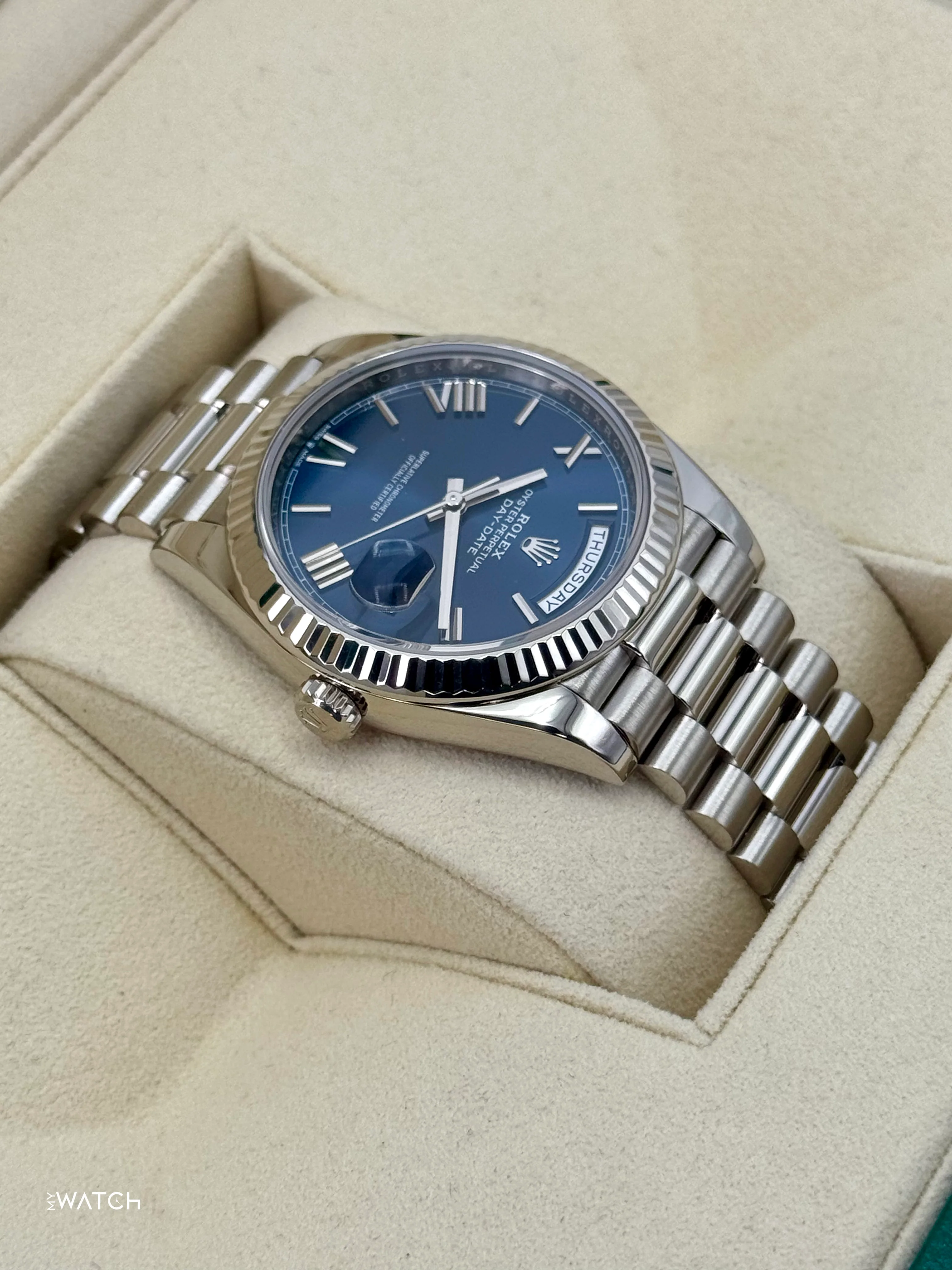 2021 Rolex Day-Date 40mm 228239 White Gold Blue Dial - Image 8