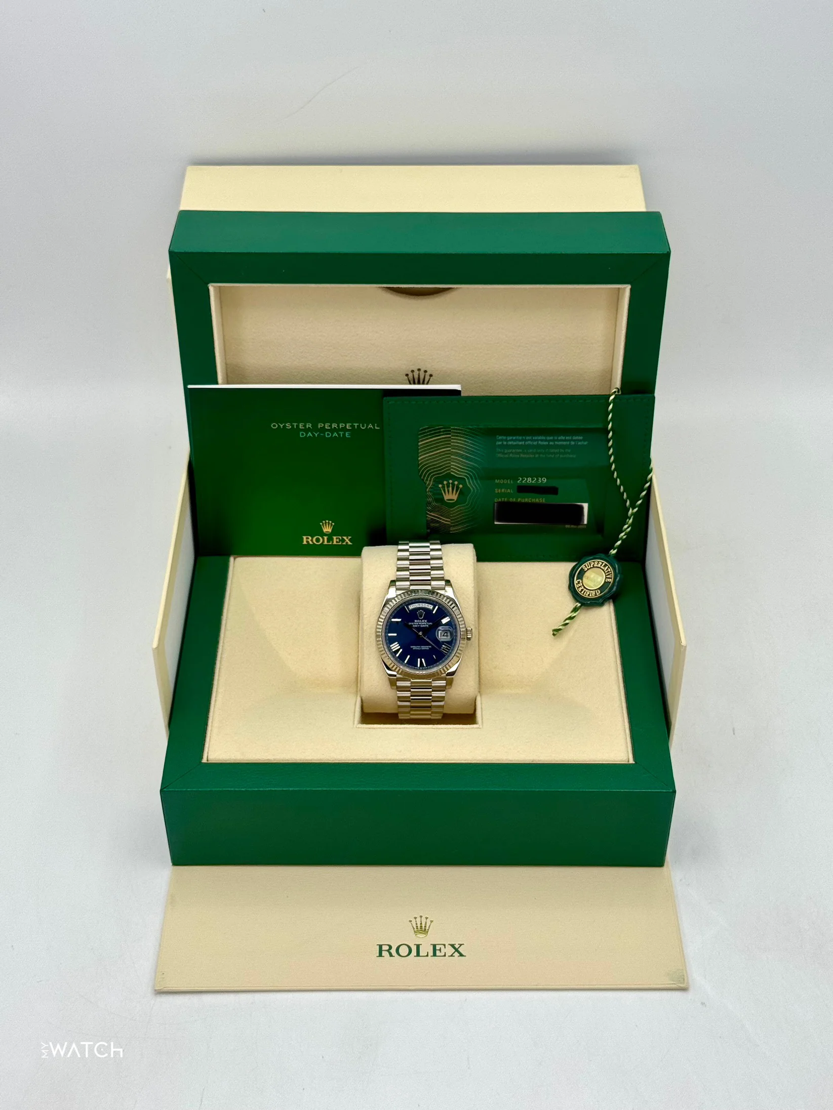 2021 Rolex Day-Date 40mm 228239 White Gold Blue Dial - Image 9