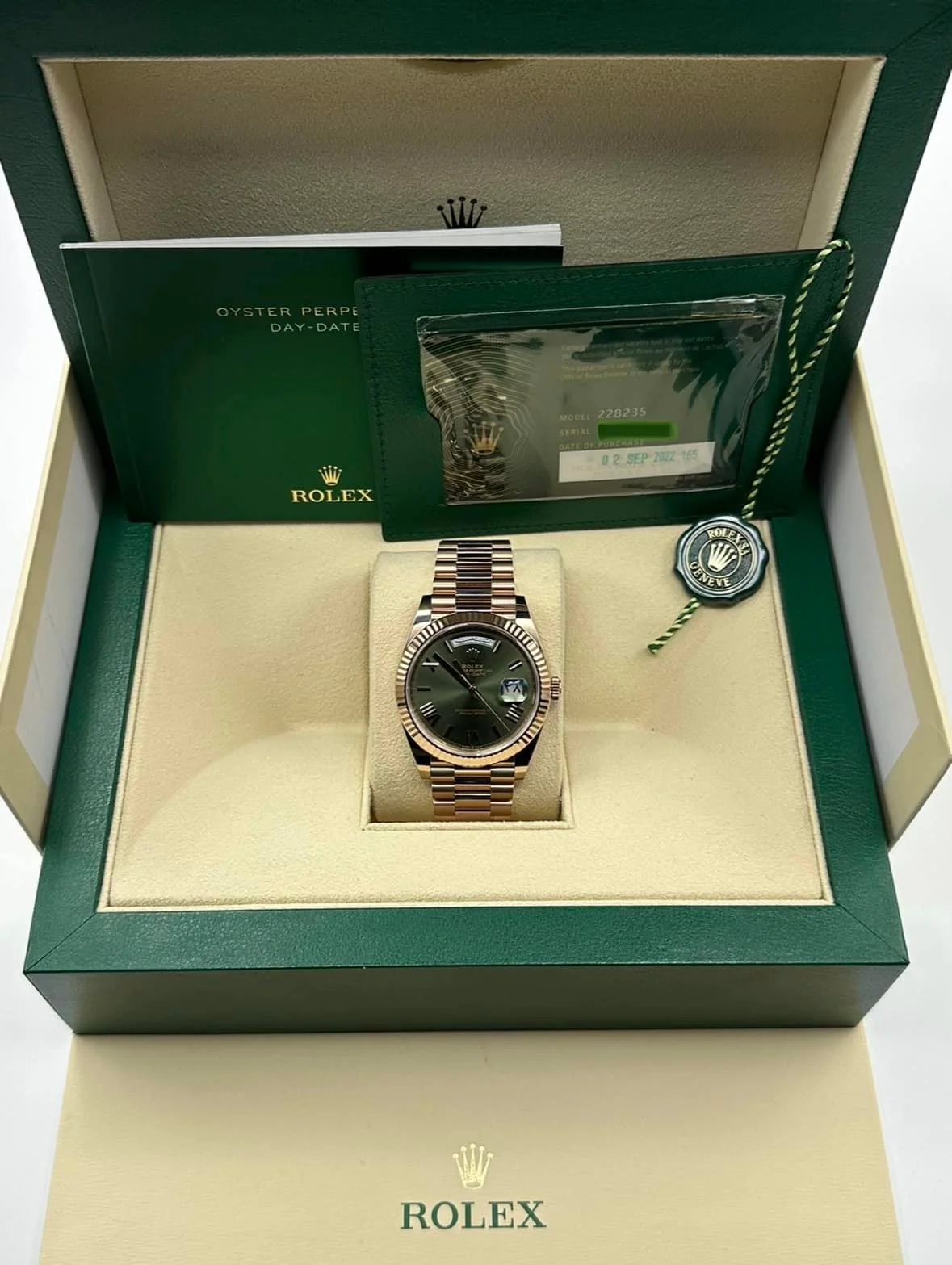 NEW 2022 Rolex Day-Date 40 228235 Rose Gold Olive Dial Arabic Calendar - Image 11