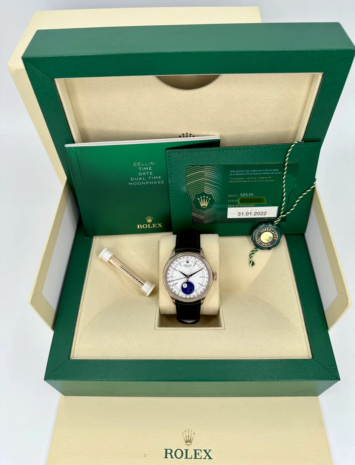2022 Rolex Cellini Moonphase 39mm 50535 Rose Gold White Dial - Image 11