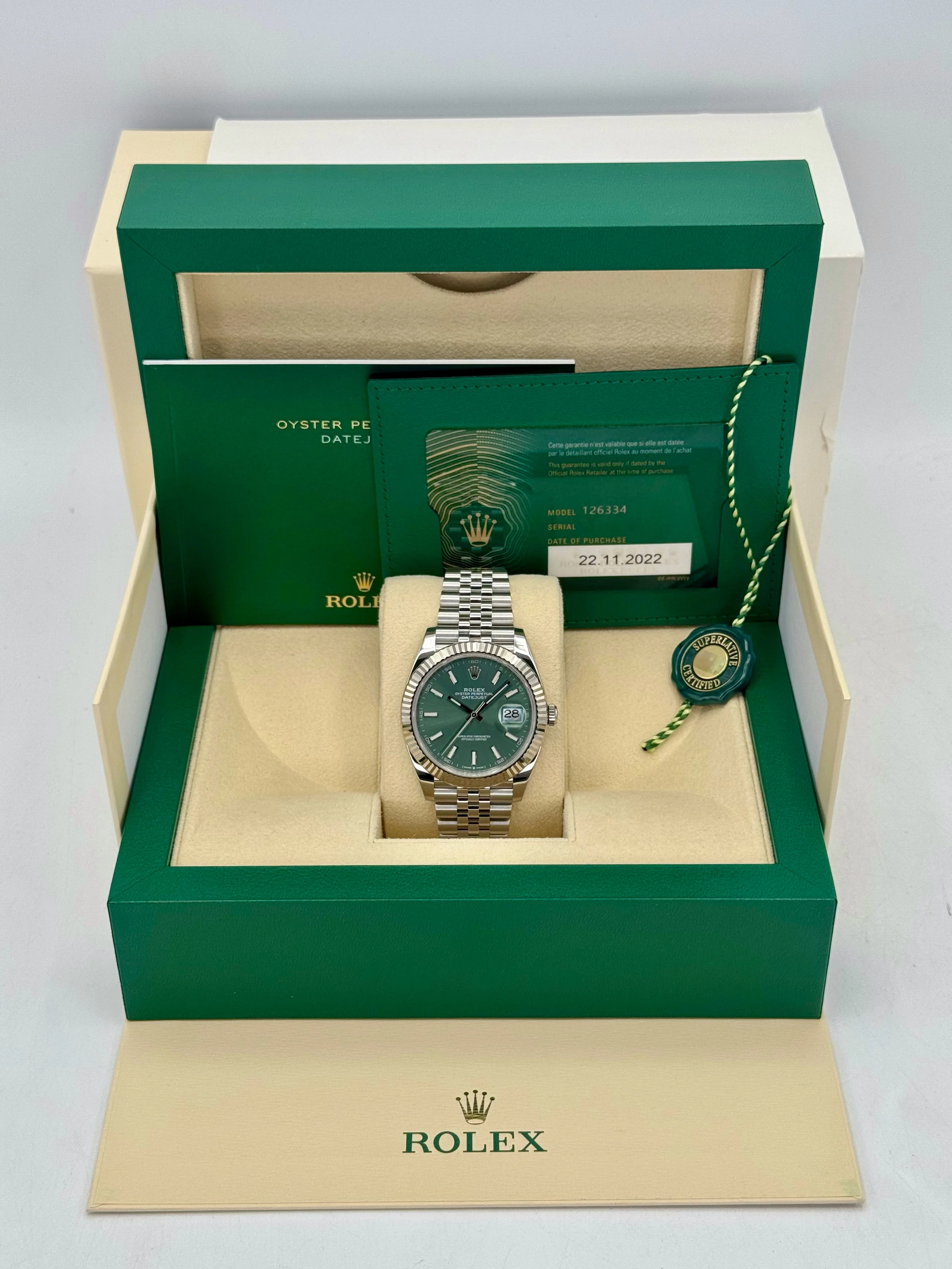 2022 Rolex Datejust 41mm 126334 Stainless Steel Jubilee Green Dial - Image 9