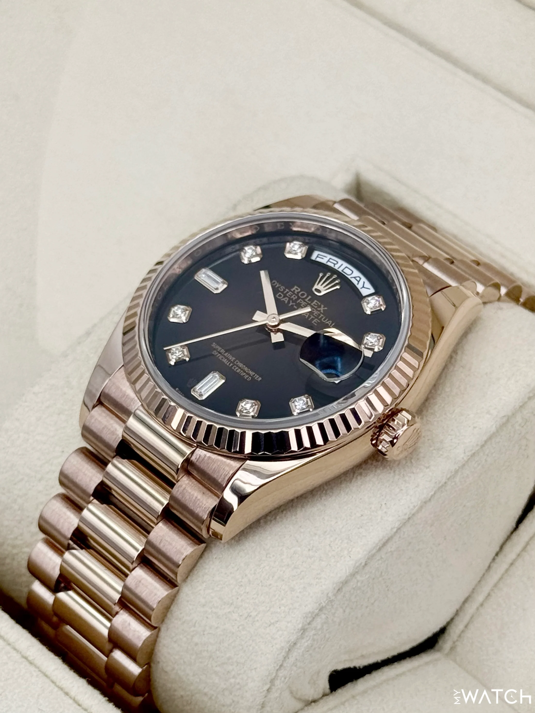2022 Rolex Day-Date 36mm 128235 Rose Gold Chocolate Diamond Dial - Image 5
