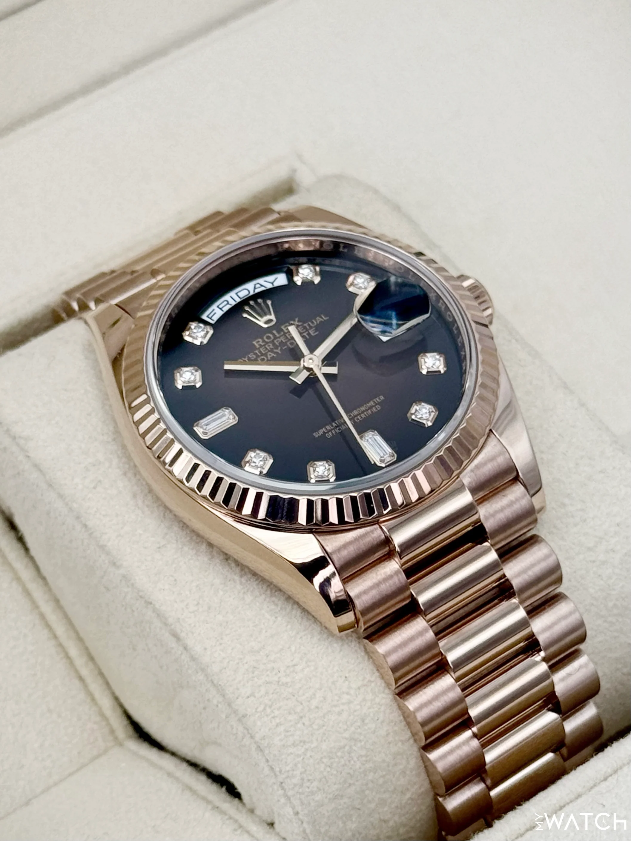 2022 Rolex Day-Date 36mm 128235 Rose Gold Chocolate Diamond Dial - Image 6