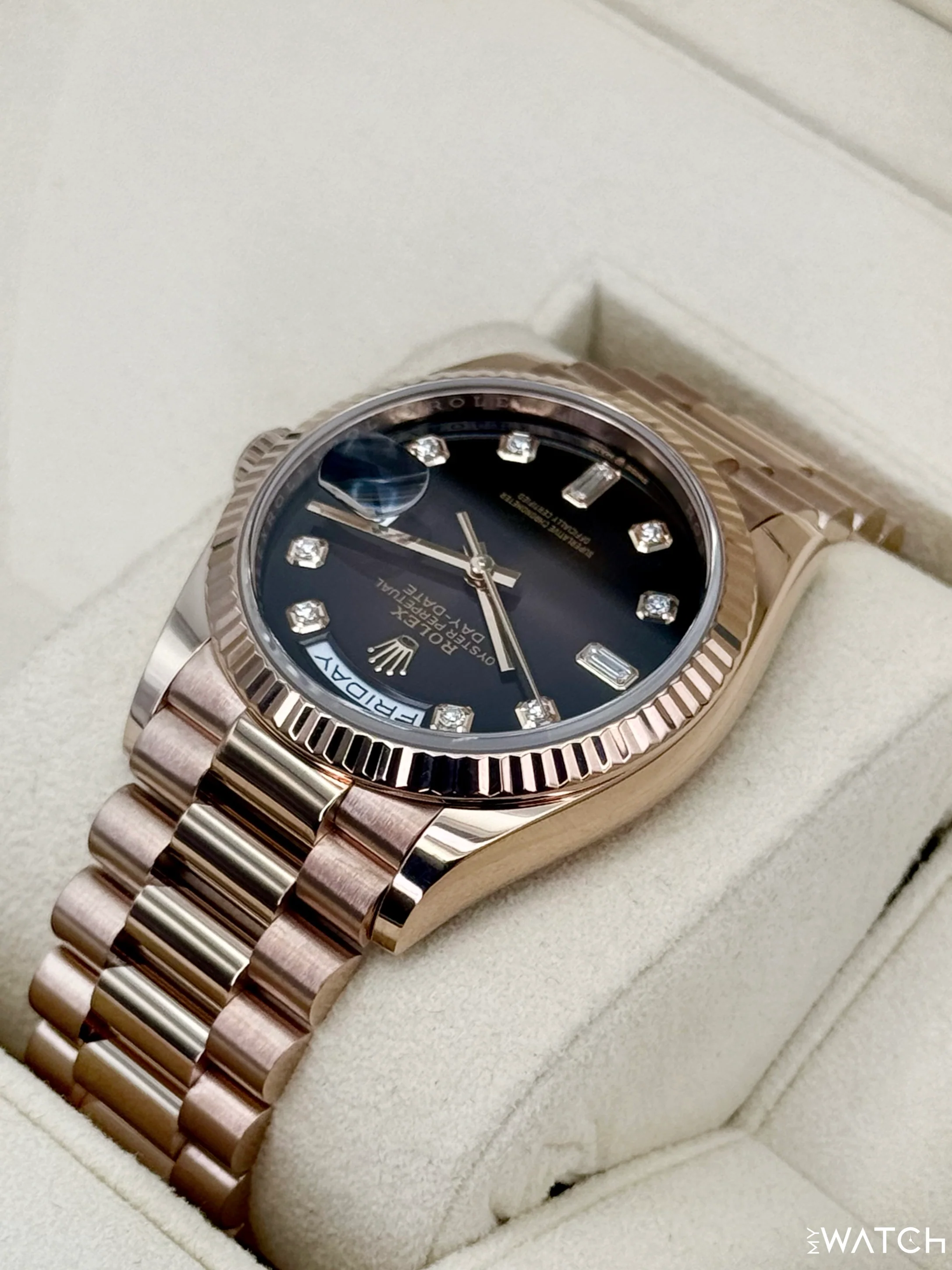 2022 Rolex Day-Date 36mm 128235 Rose Gold Chocolate Diamond Dial - Image 7