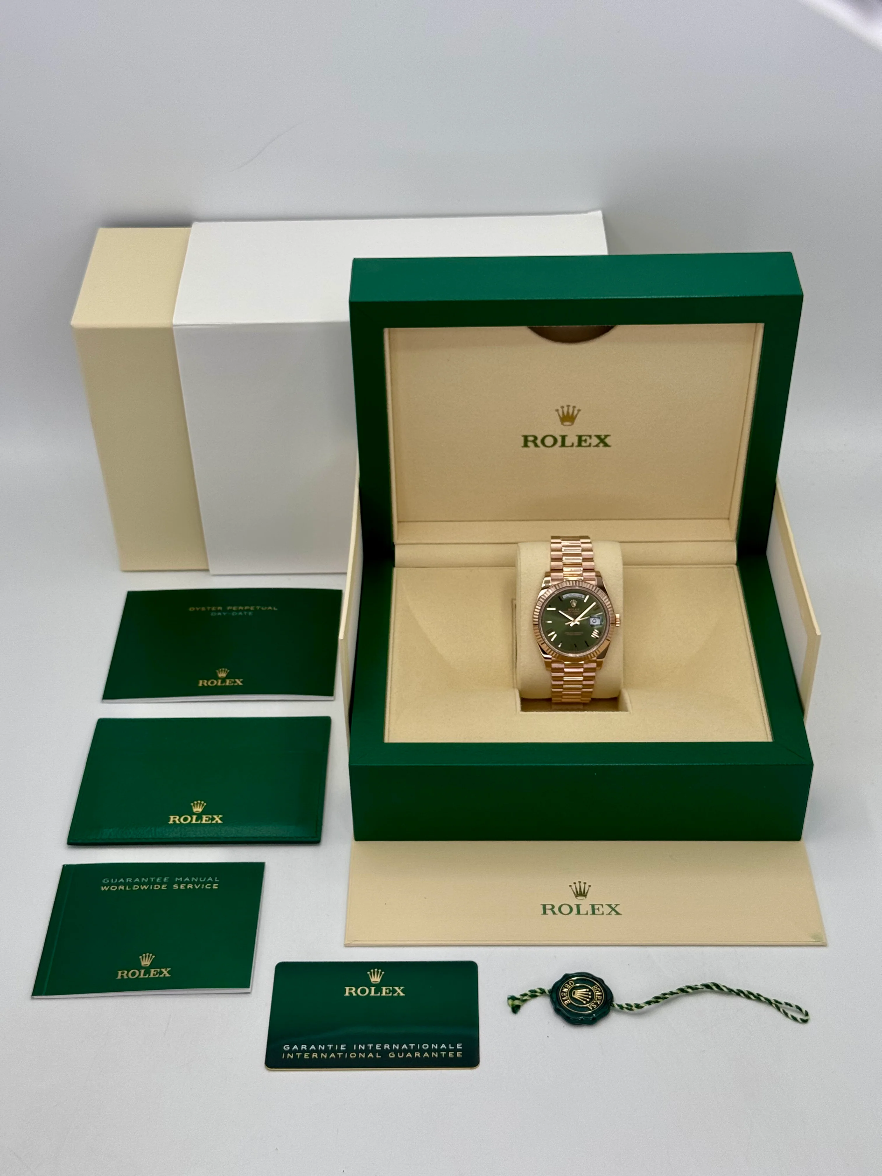 2022 Rolex Day-Date 40mm 228235 Rose Gold Olive Dial Arabic Calendar - Image 10