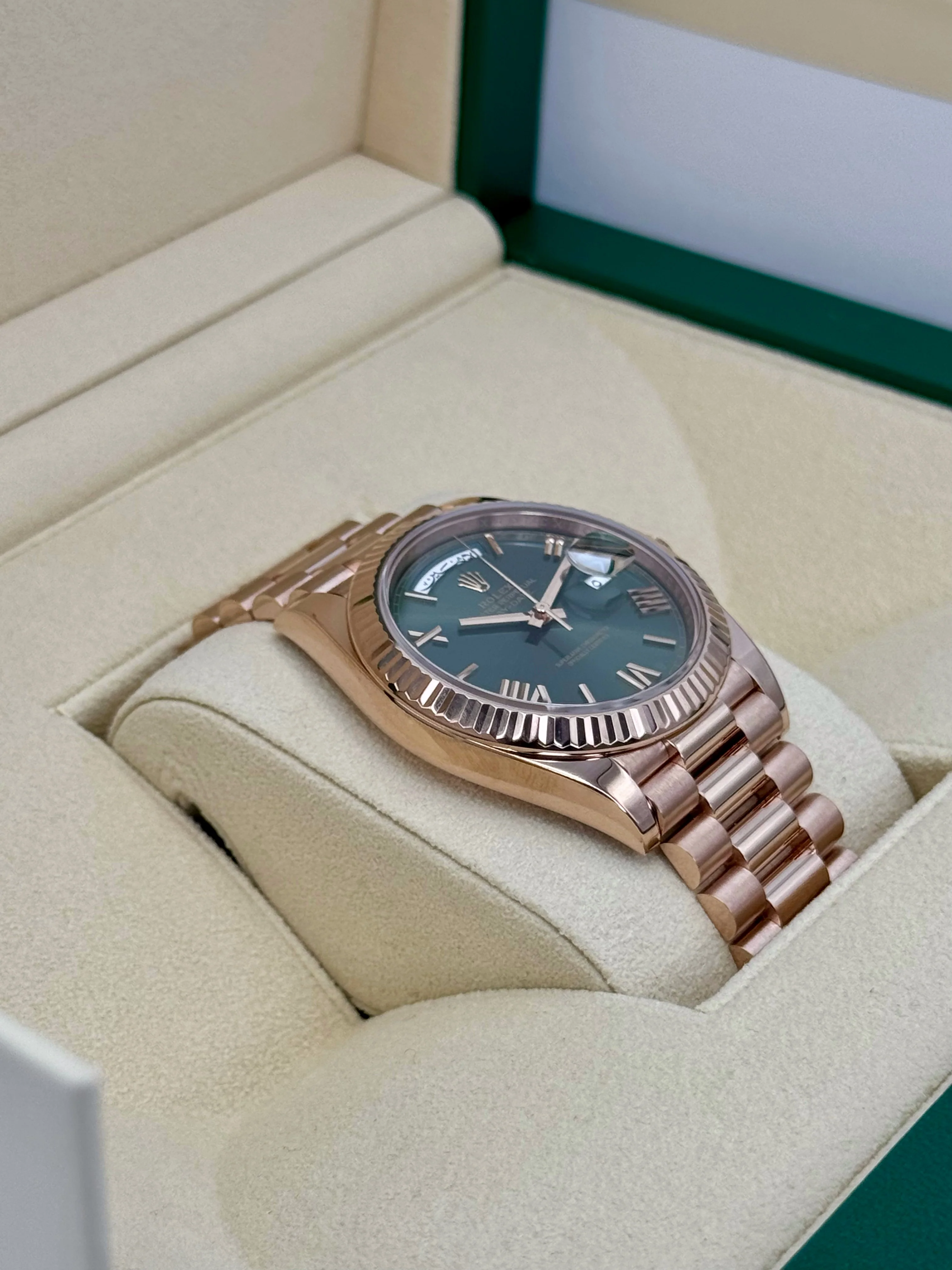 2022 Rolex Day-Date 40mm 228235 Rose Gold Olive Dial Arabic Calendar - Image 6
