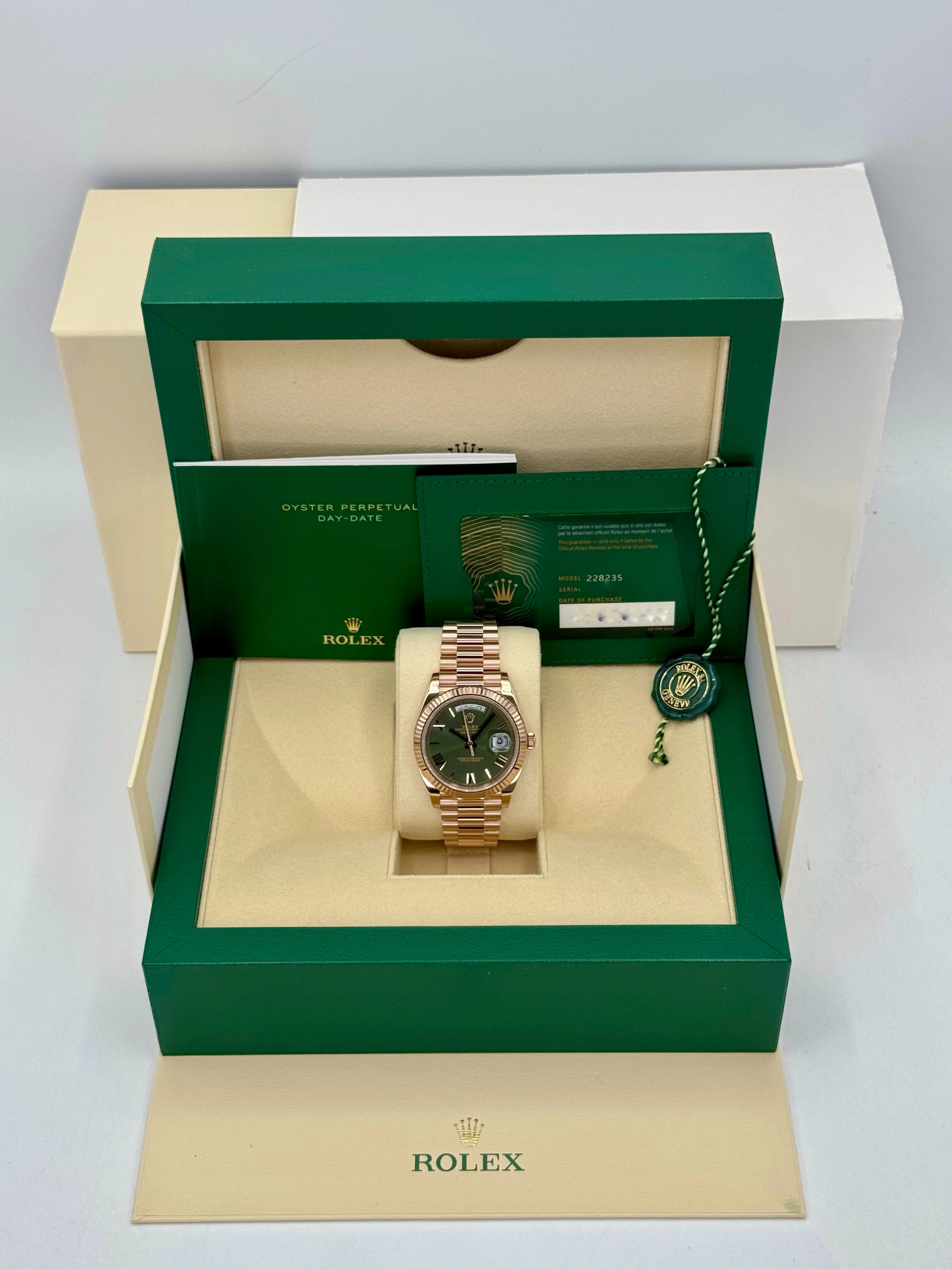 2022 Rolex Day-Date 40mm 228235 Rose Gold Olive Dial Arabic Calendar - Image 9