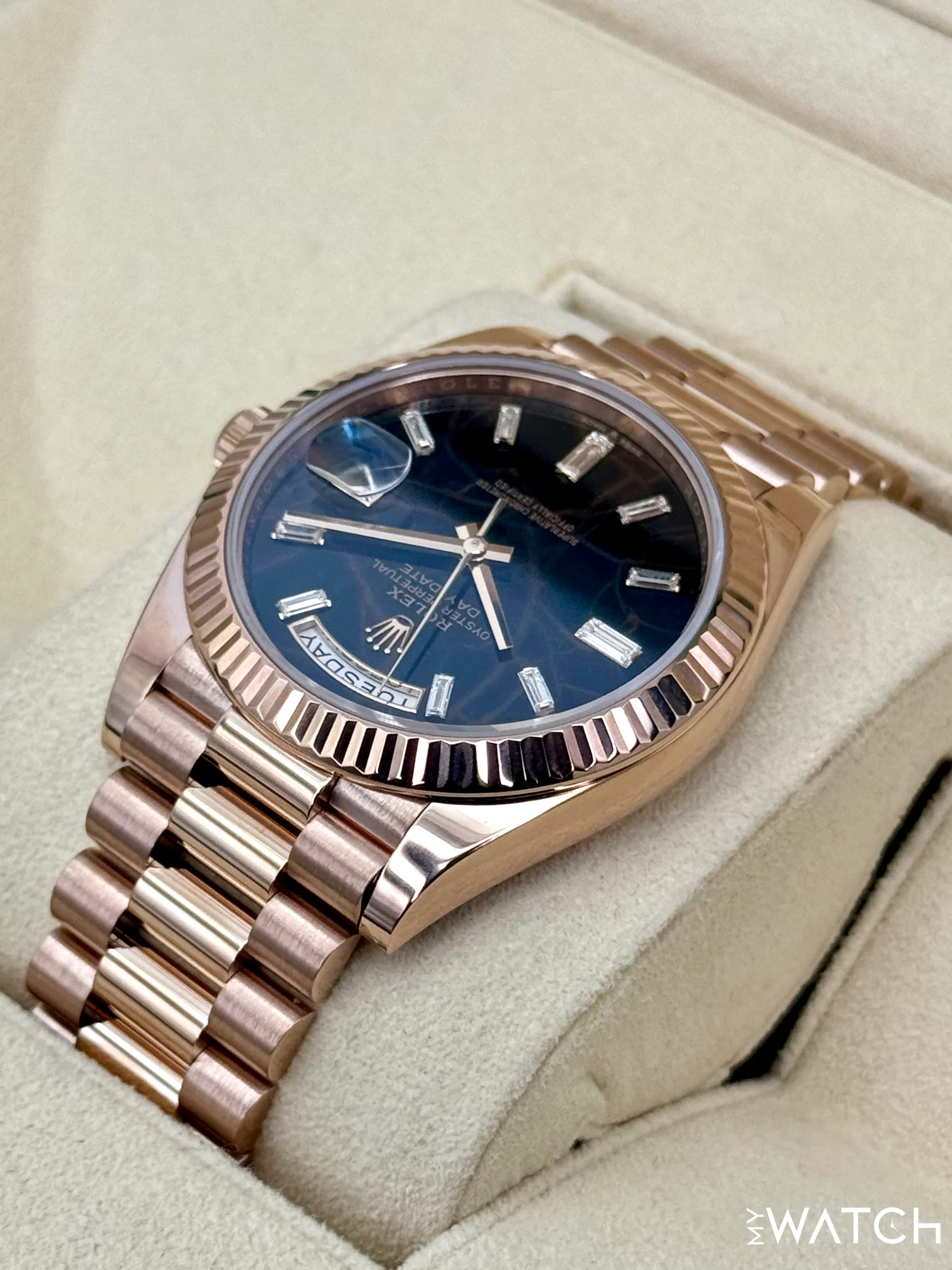 2022 Rolex Day-Date 40mm 228235 Rose Gold Eisenkiesal Baguette Dial - Image 7