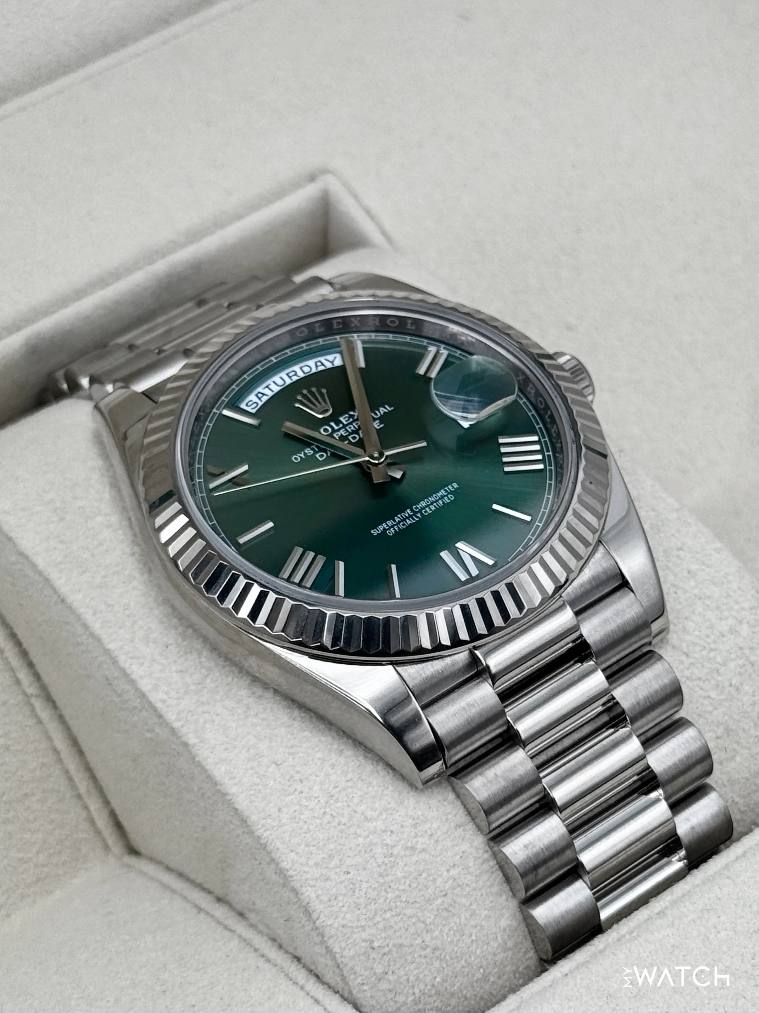 2022 Rolex Day-Date 40mm 228239 Presidential 18kt White Gold Olive Dial - Image 6