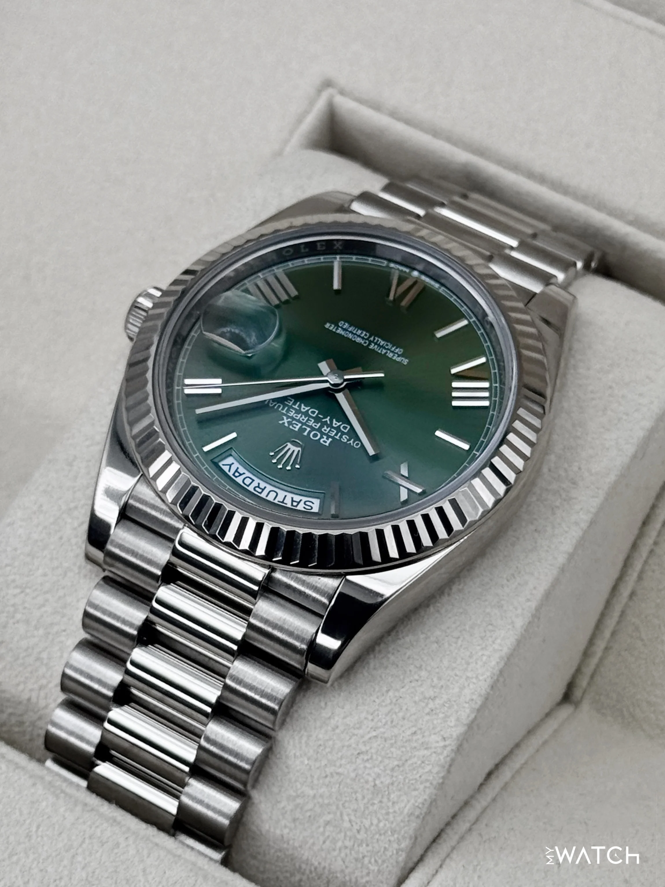 2022 Rolex Day-Date 40mm 228239 Presidential 18kt White Gold Olive Dial - Image 7