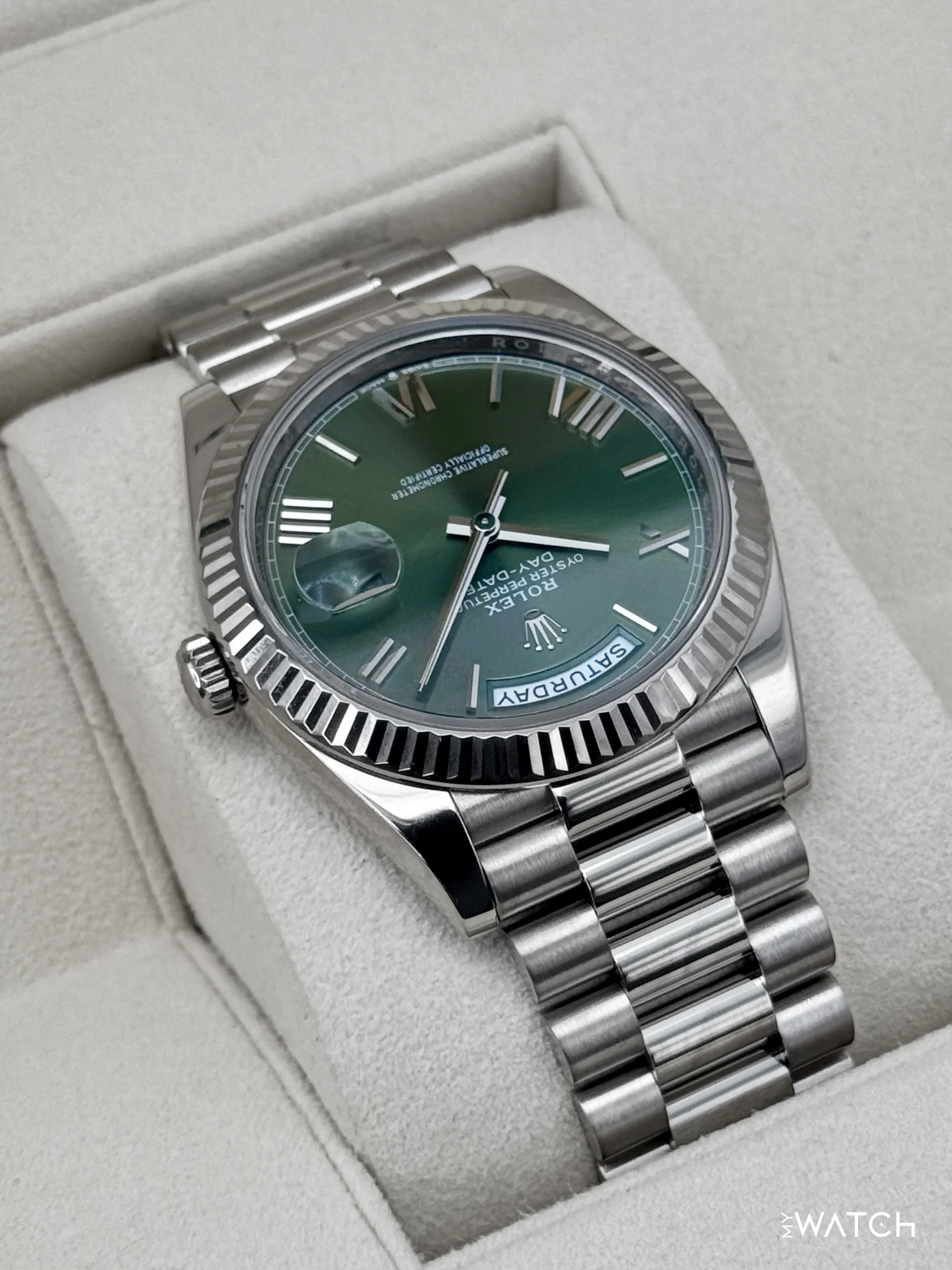 2022 Rolex Day-Date 40mm 228239 Presidential 18kt White Gold Olive Dial - Image 8