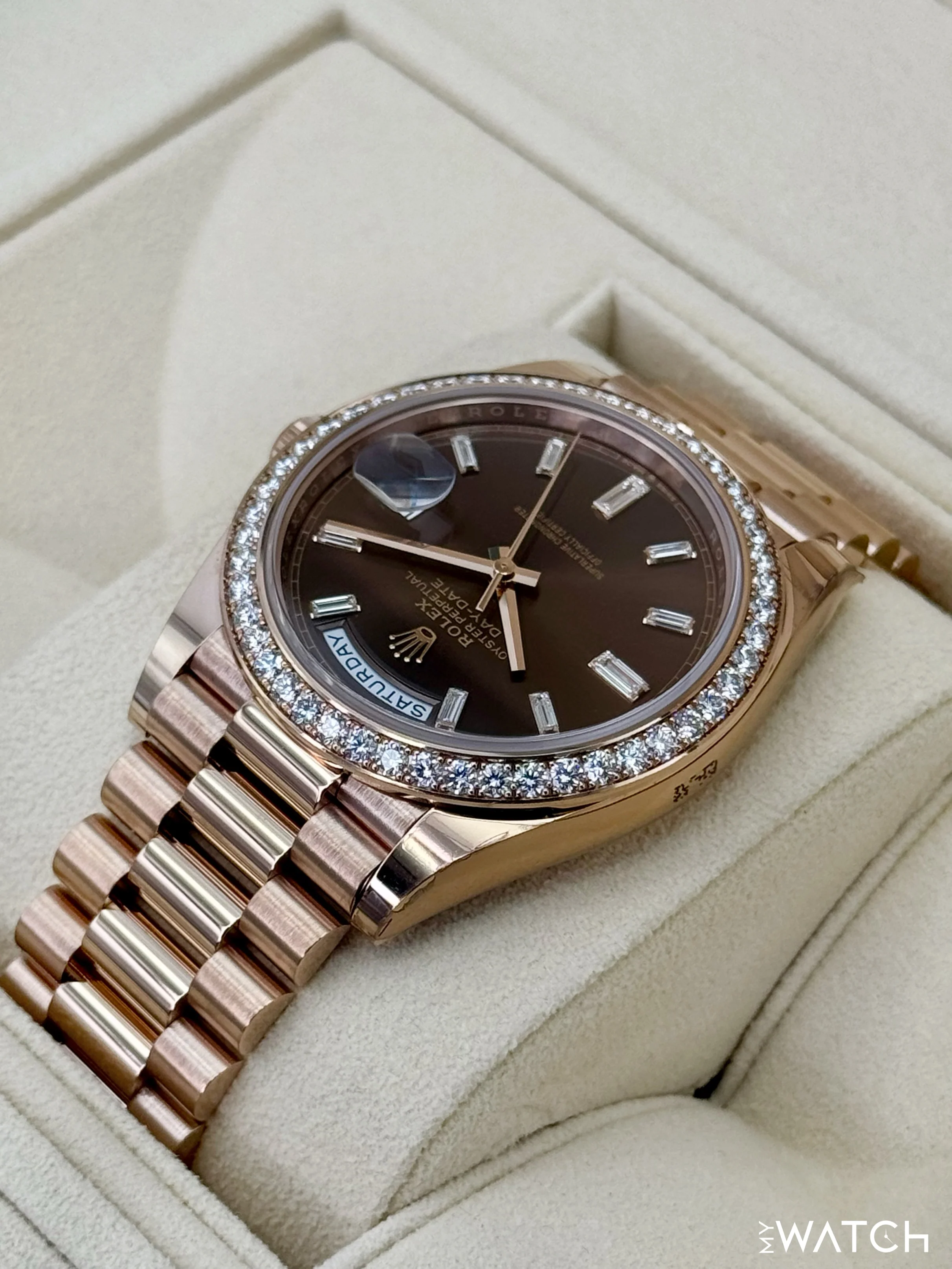 2022 Rolex Day-Date 40mm 228345RBR Rose Gold Chocolate Diamond Dial (STICKERED) - Image 5