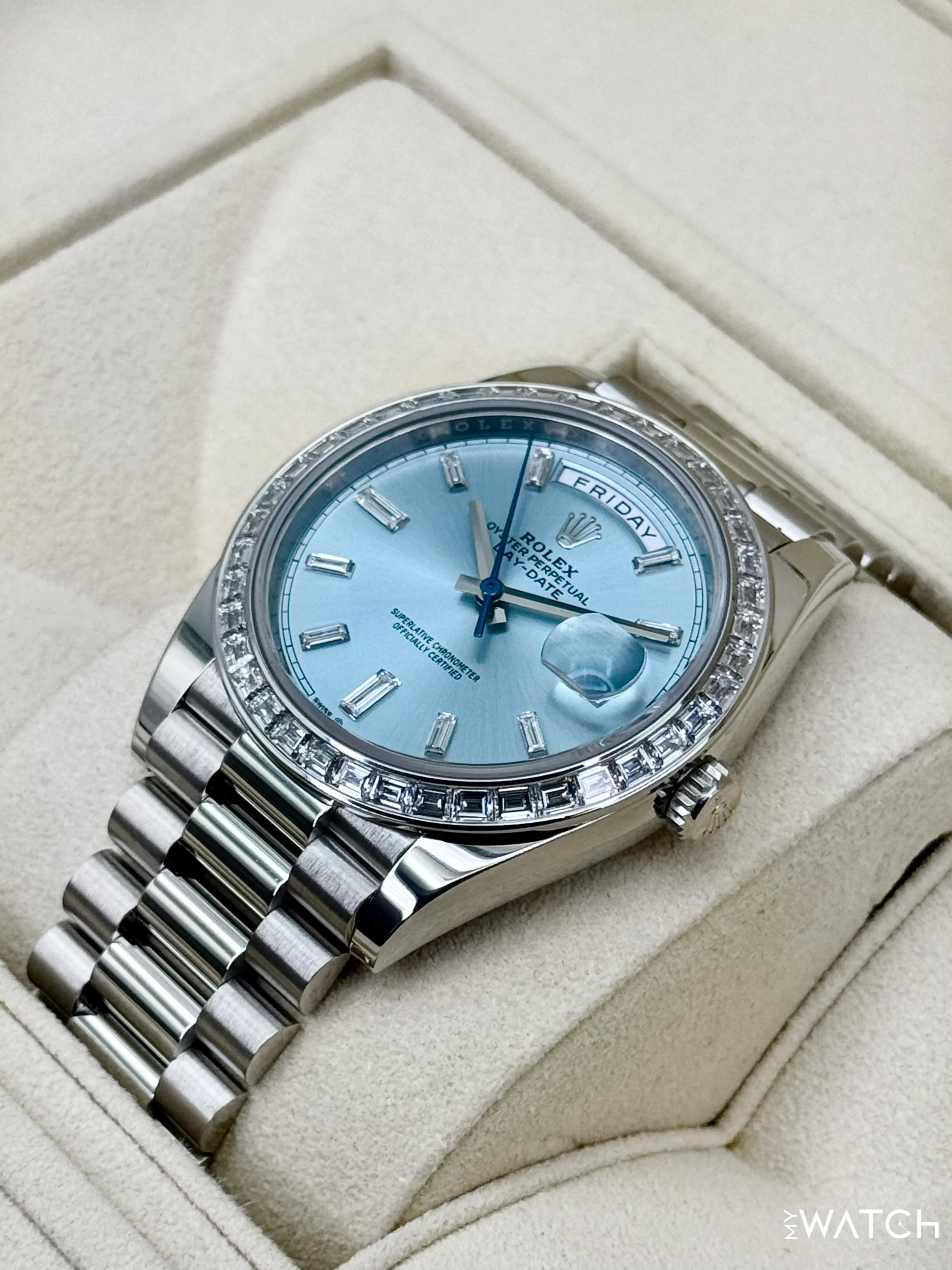 2022 Rolex Day-Date 40mm 228396TBR Ice Blue Diamond Baguette Dial - Image 5