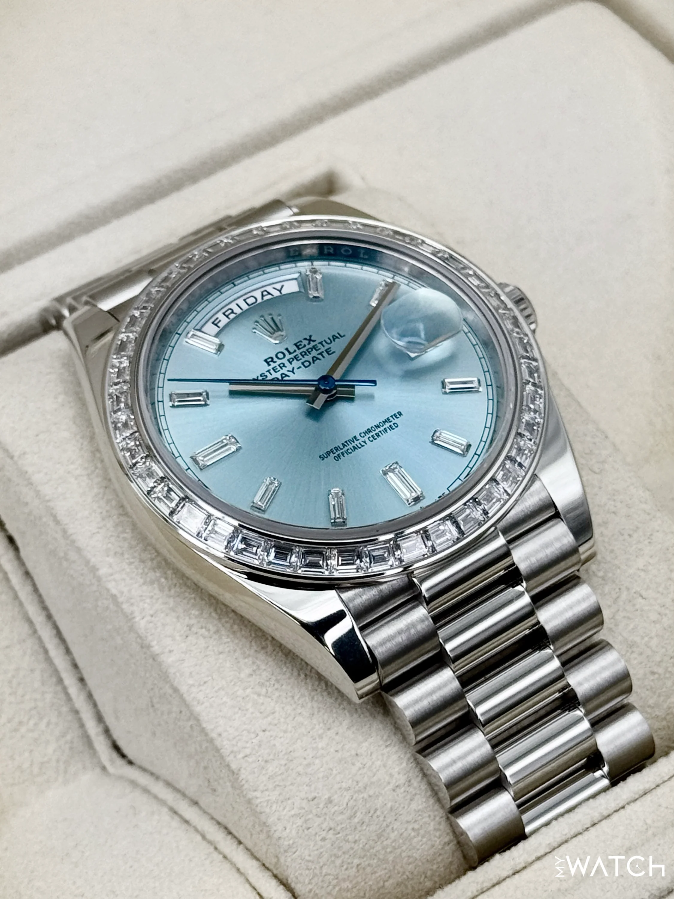 2022 Rolex Day-Date 40mm 228396TBR Ice Blue Diamond Baguette Dial - Image 6
