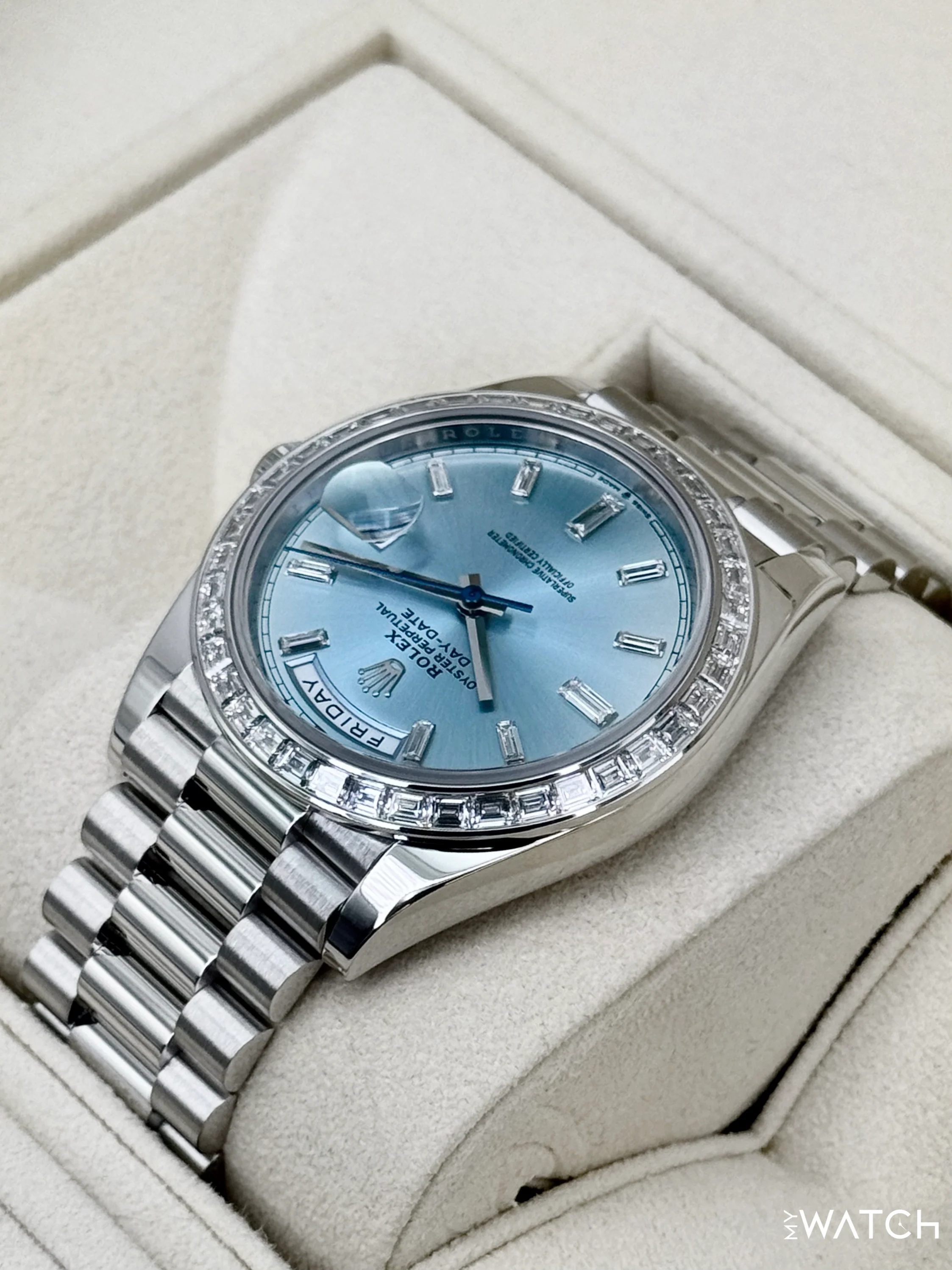 2022 Rolex Day-Date 40mm 228396TBR Ice Blue Diamond Baguette Dial - Image 7