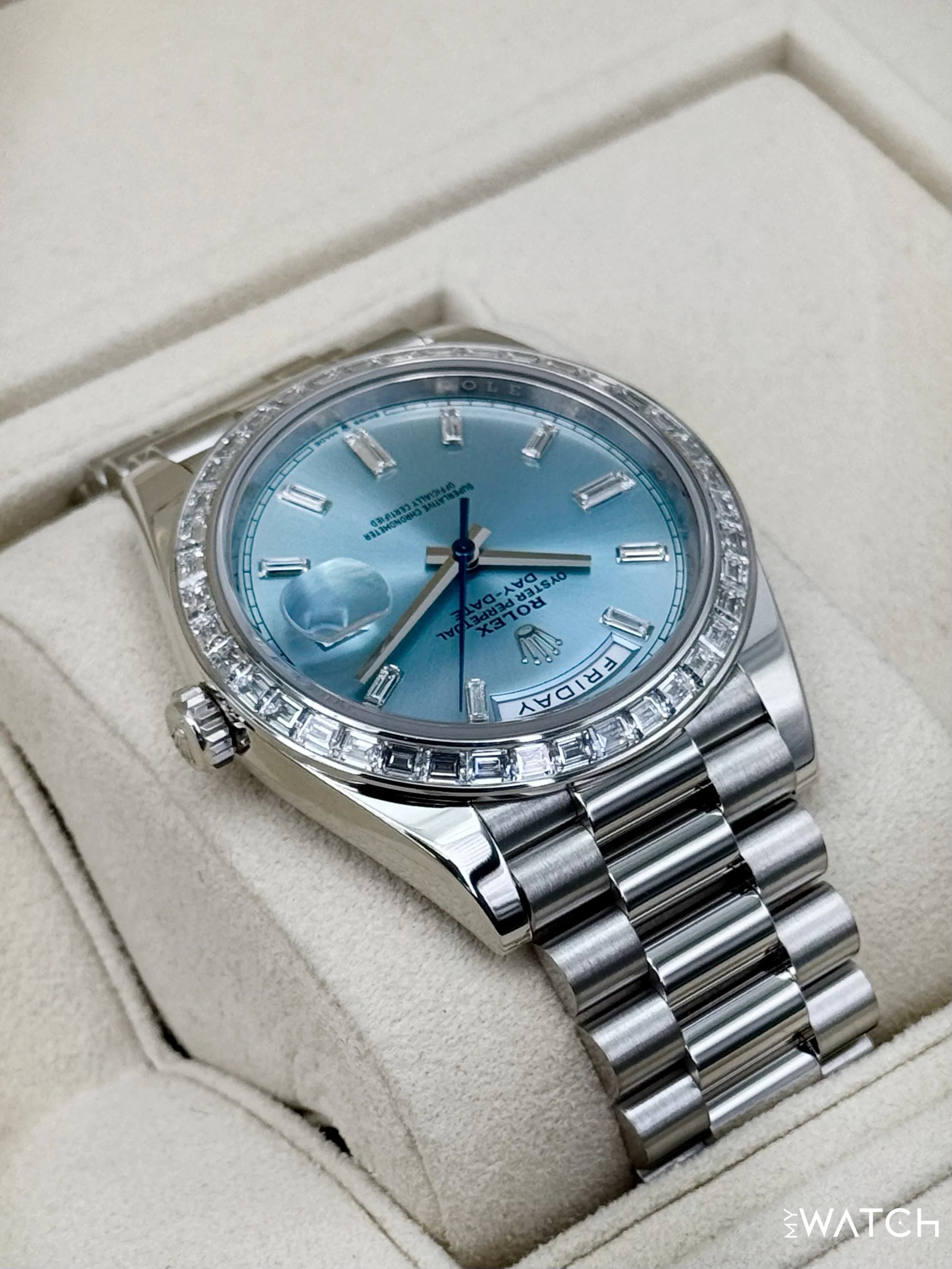2022 Rolex Day-Date 40mm 228396TBR Ice Blue Diamond Baguette Dial - Image 8
