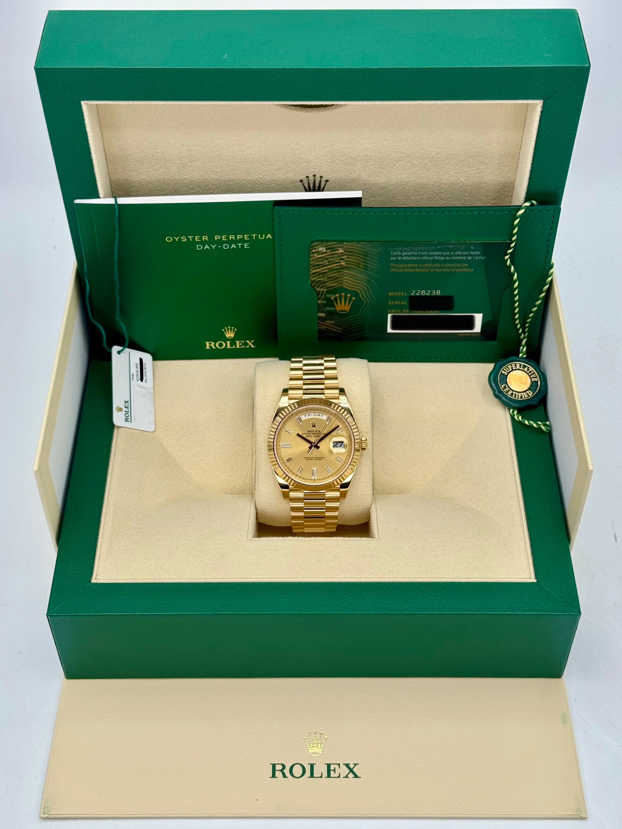 2023 Rolex Day-Date 40mm 228238 Champagne Diamond Baguette Dial - Image 10