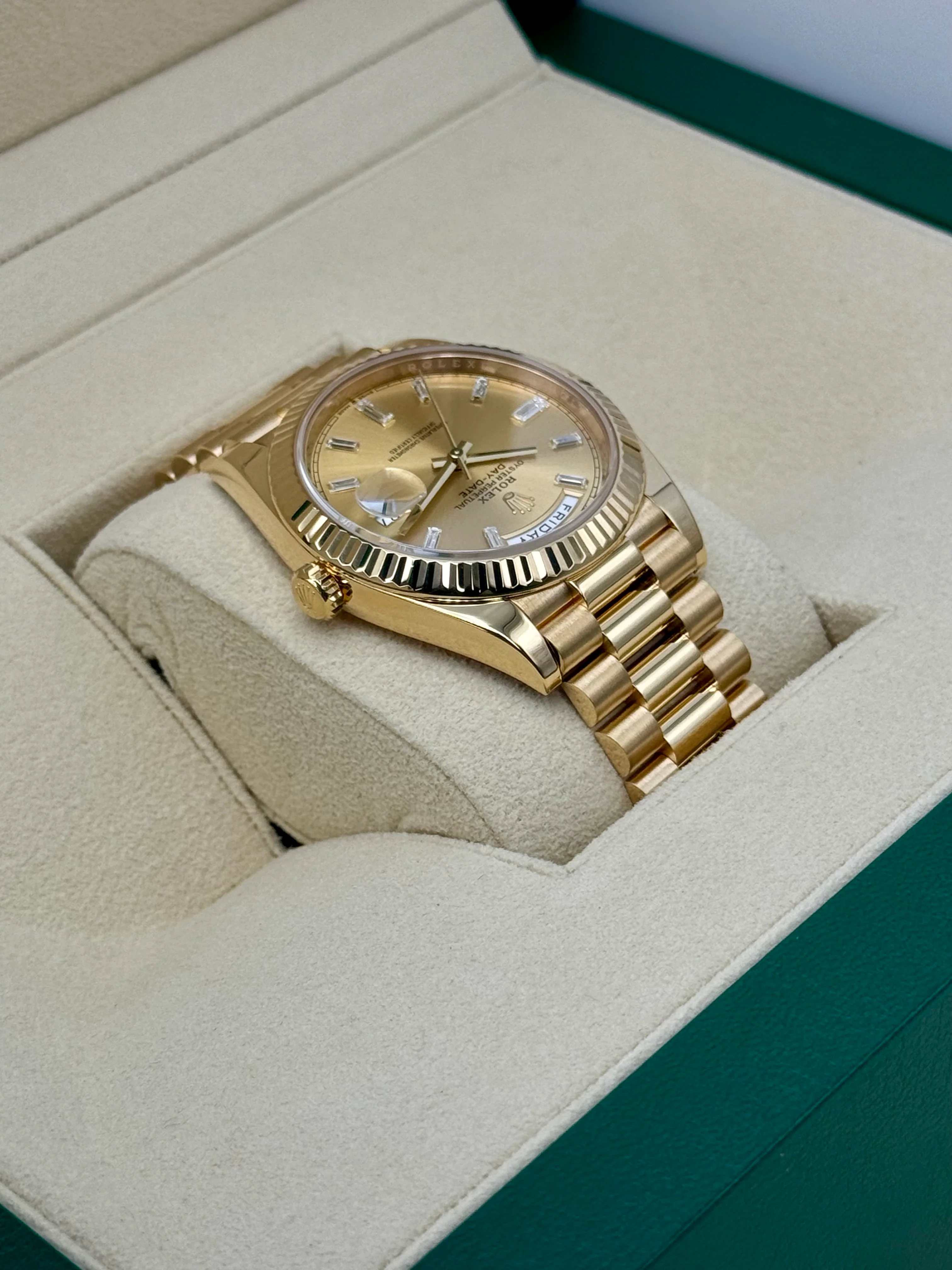 2023 Rolex Day-Date 40mm 228238 Champagne Diamond Baguette Dial - Image 6