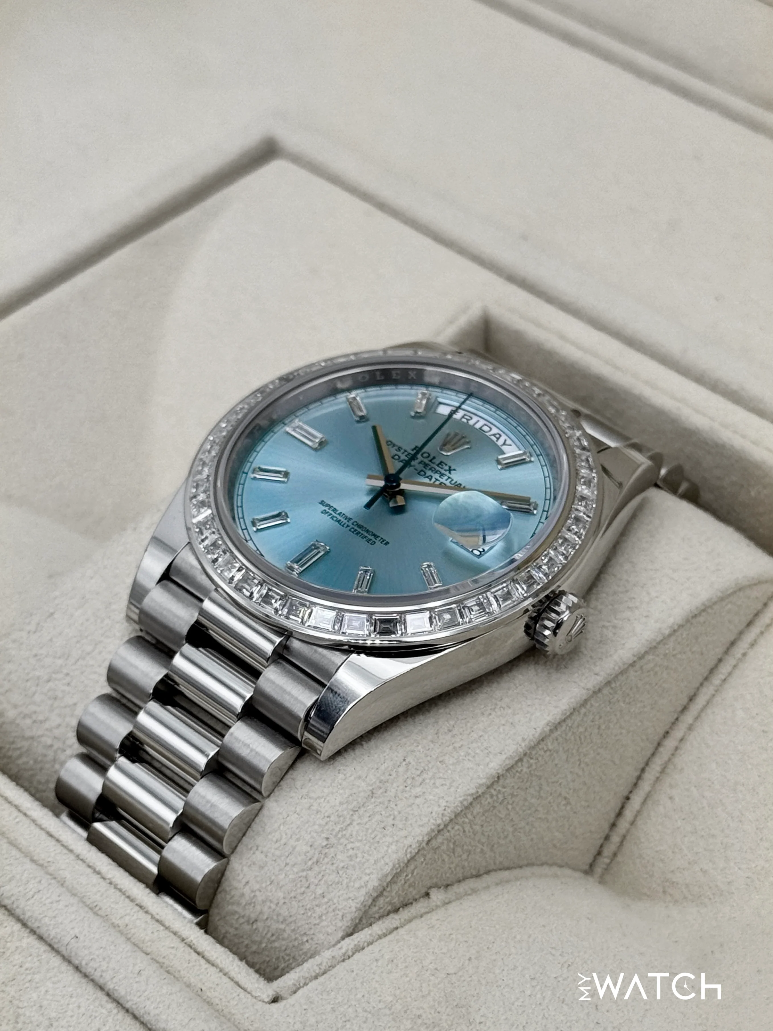 2023 Rolex Day-Date 40mm 228396TBR Ice Blue Diamond Baguette Dial - Image 5
