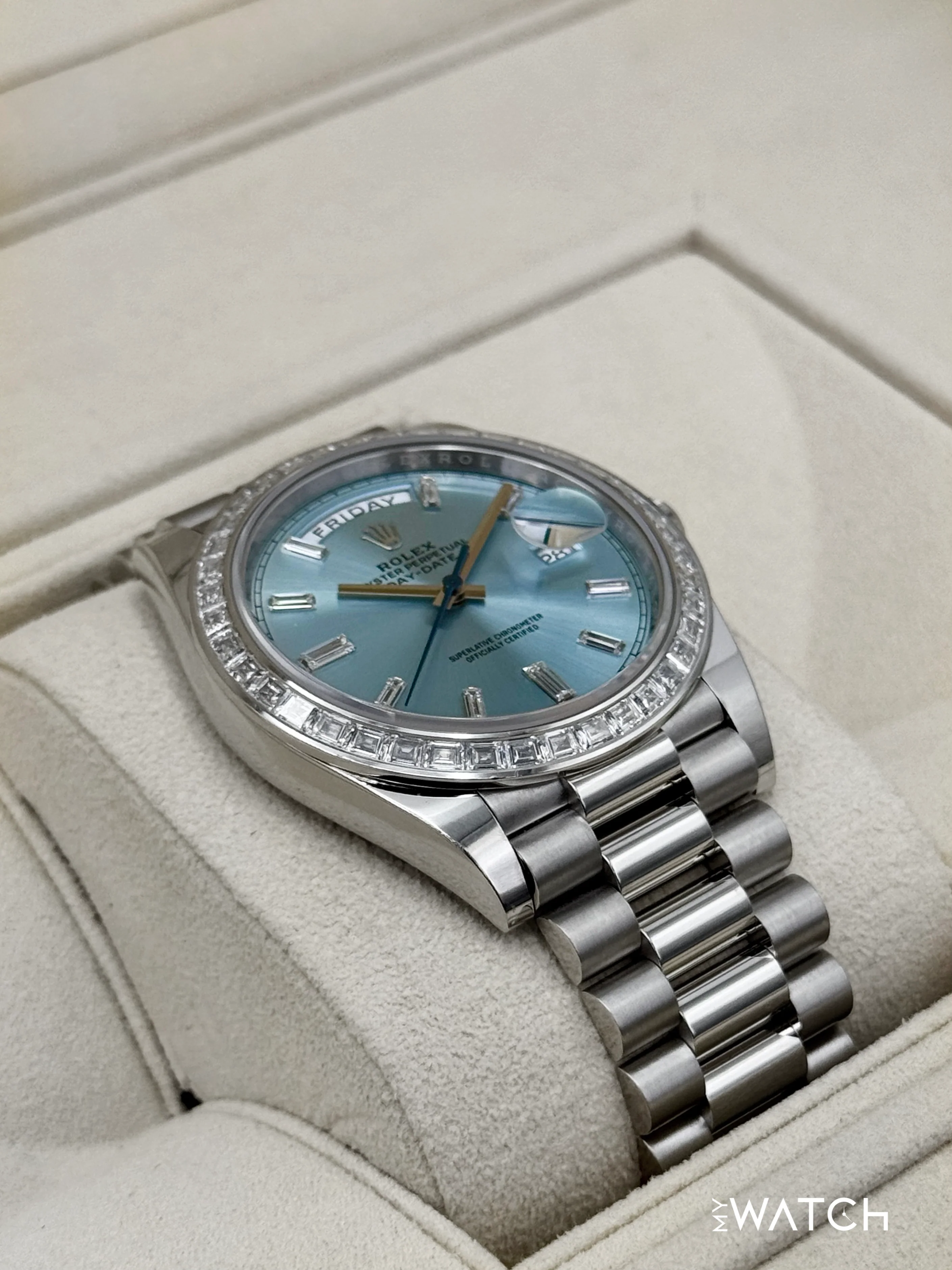 2023 Rolex Day-Date 40mm 228396TBR Ice Blue Diamond Baguette Dial - Image 6