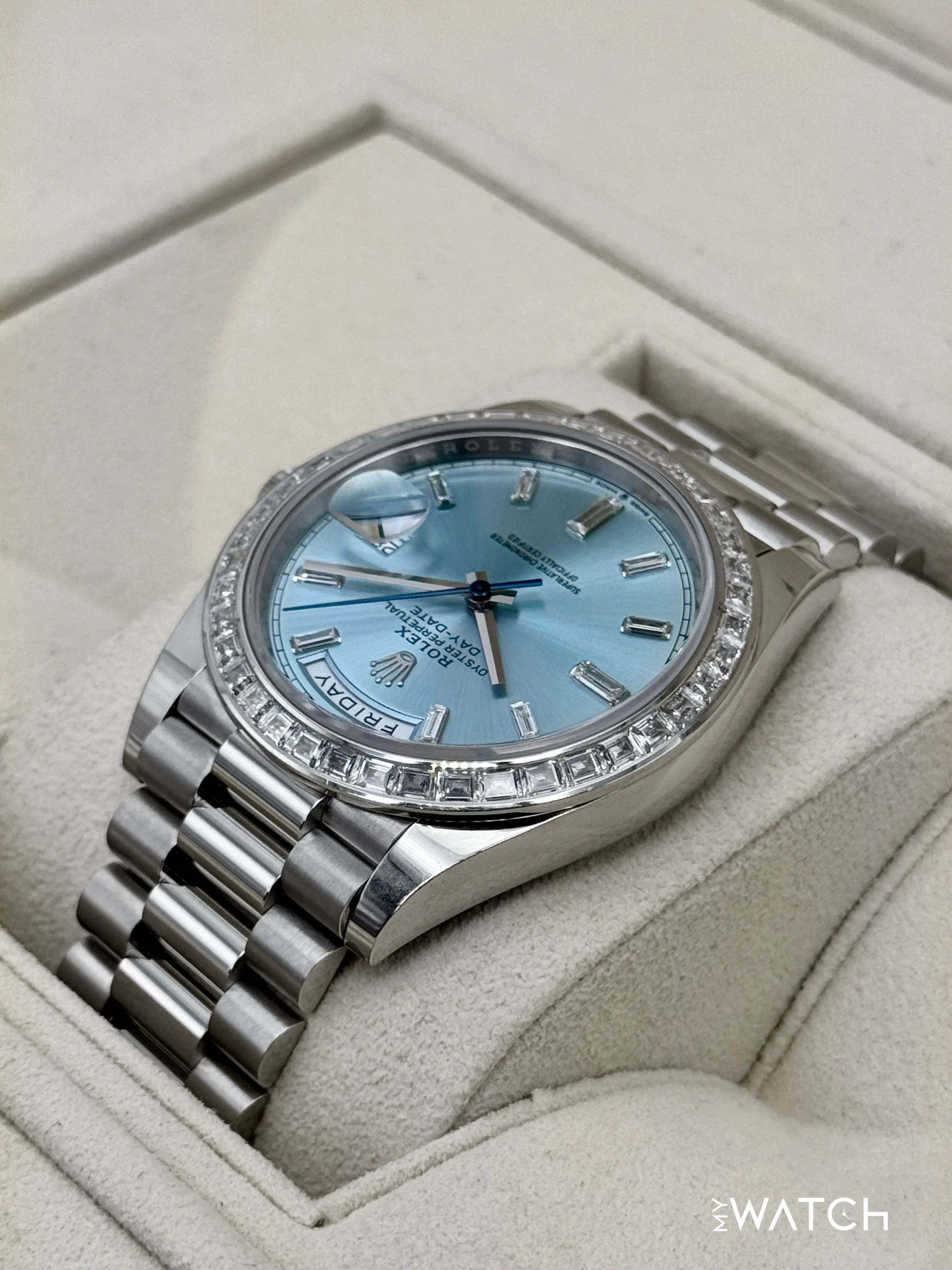 2023 Rolex Day-Date 40mm 228396TBR Ice Blue Diamond Baguette Dial - Image 7