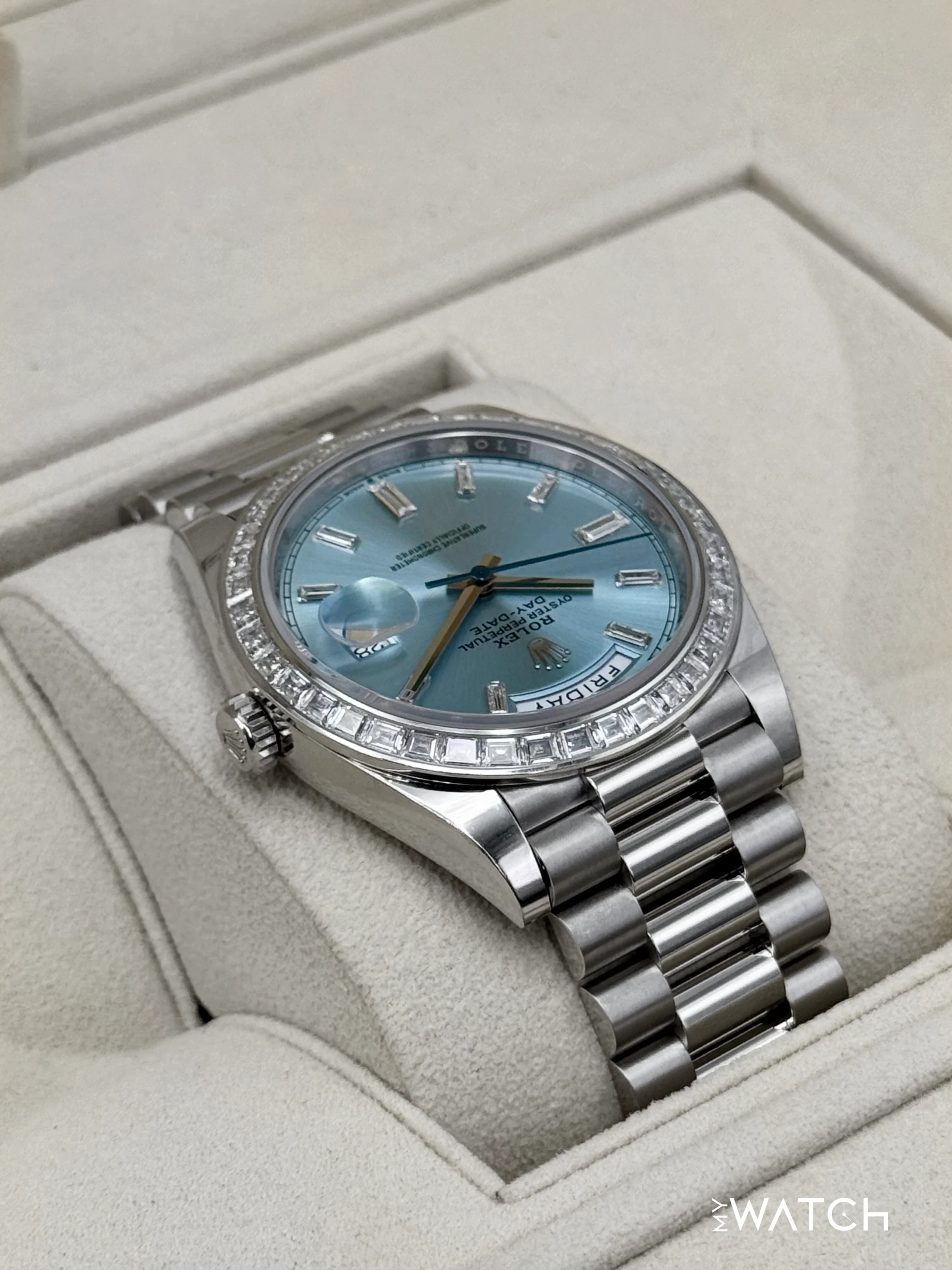 2023 Rolex Day-Date 40mm 228396TBR Ice Blue Diamond Baguette Dial - Image 8