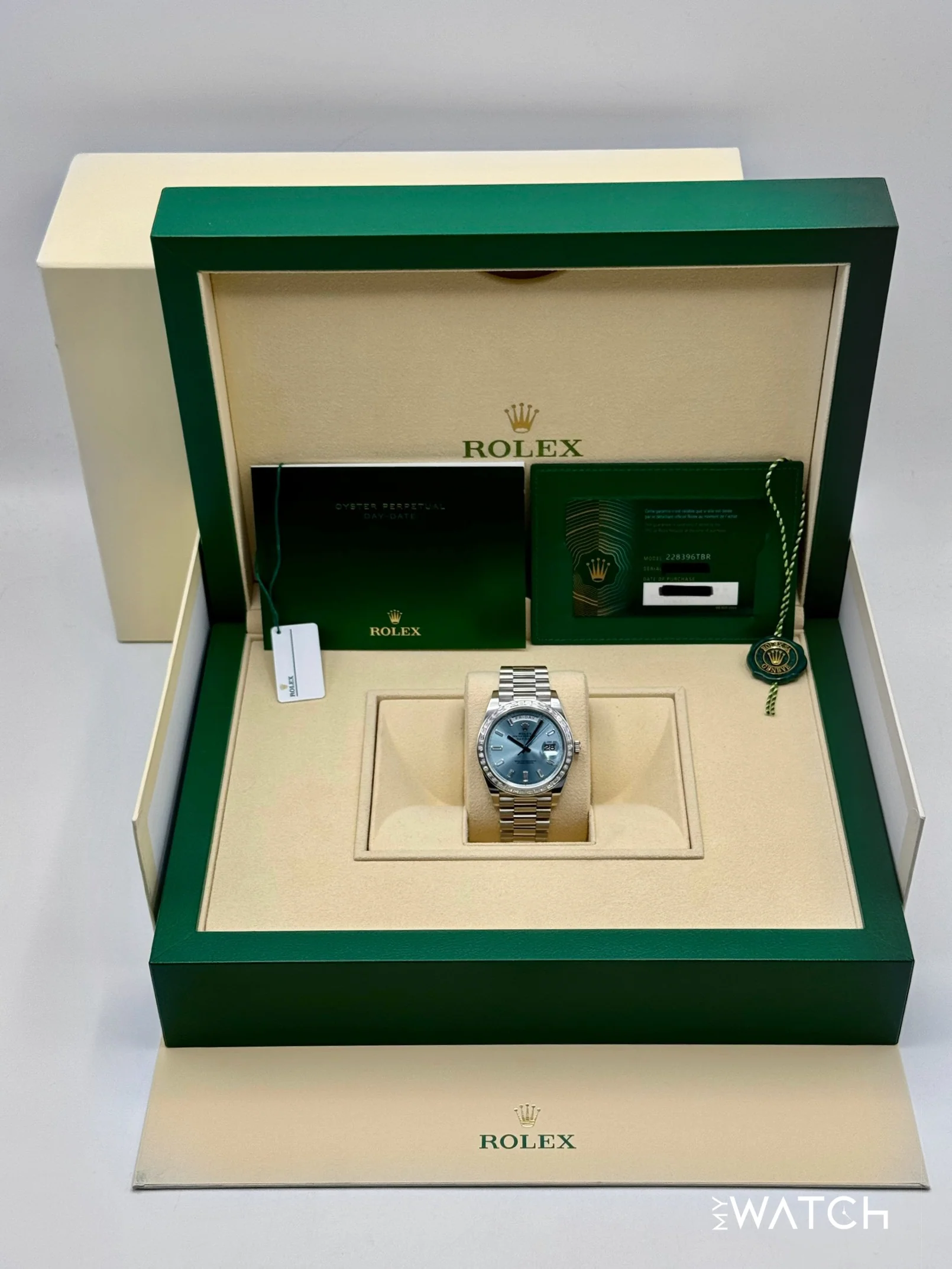 2023 Rolex Day-Date 40mm 228396TBR Ice Blue Diamond Baguette Dial - Image 9