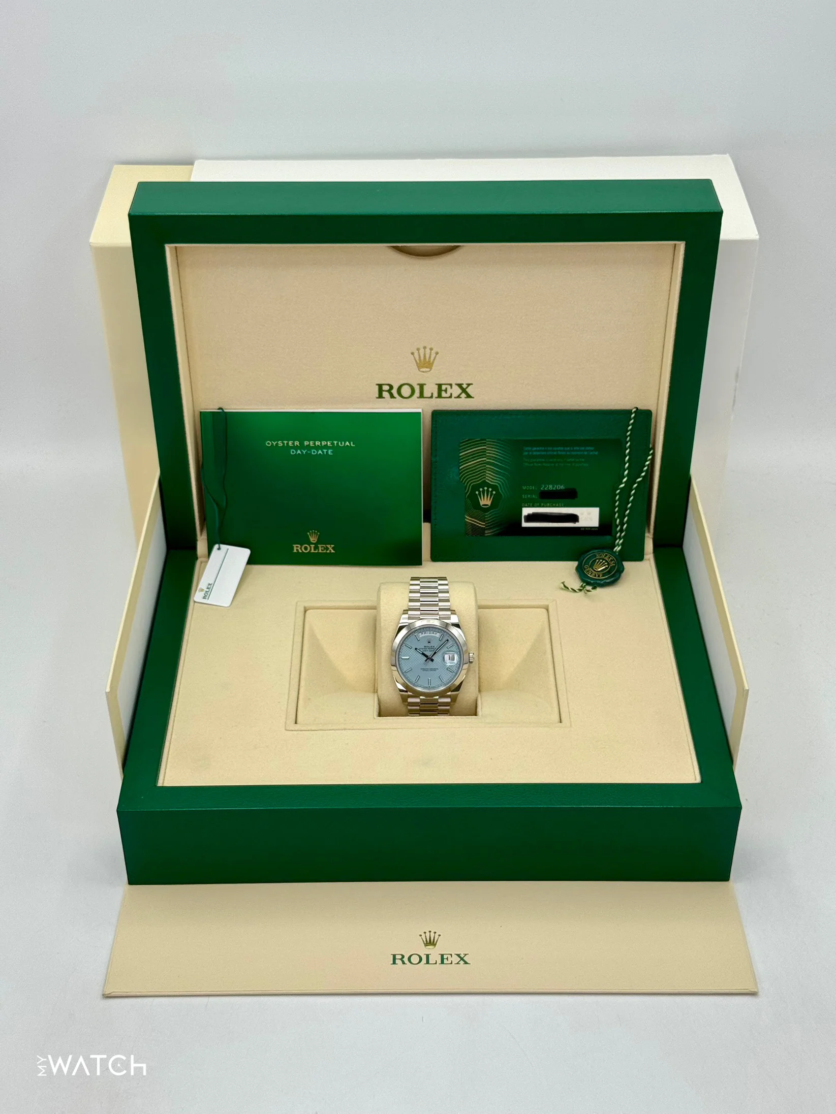 2024 Rolex Day-Date 40mm 228206 Platinum Blue Motif Dial - Image 10