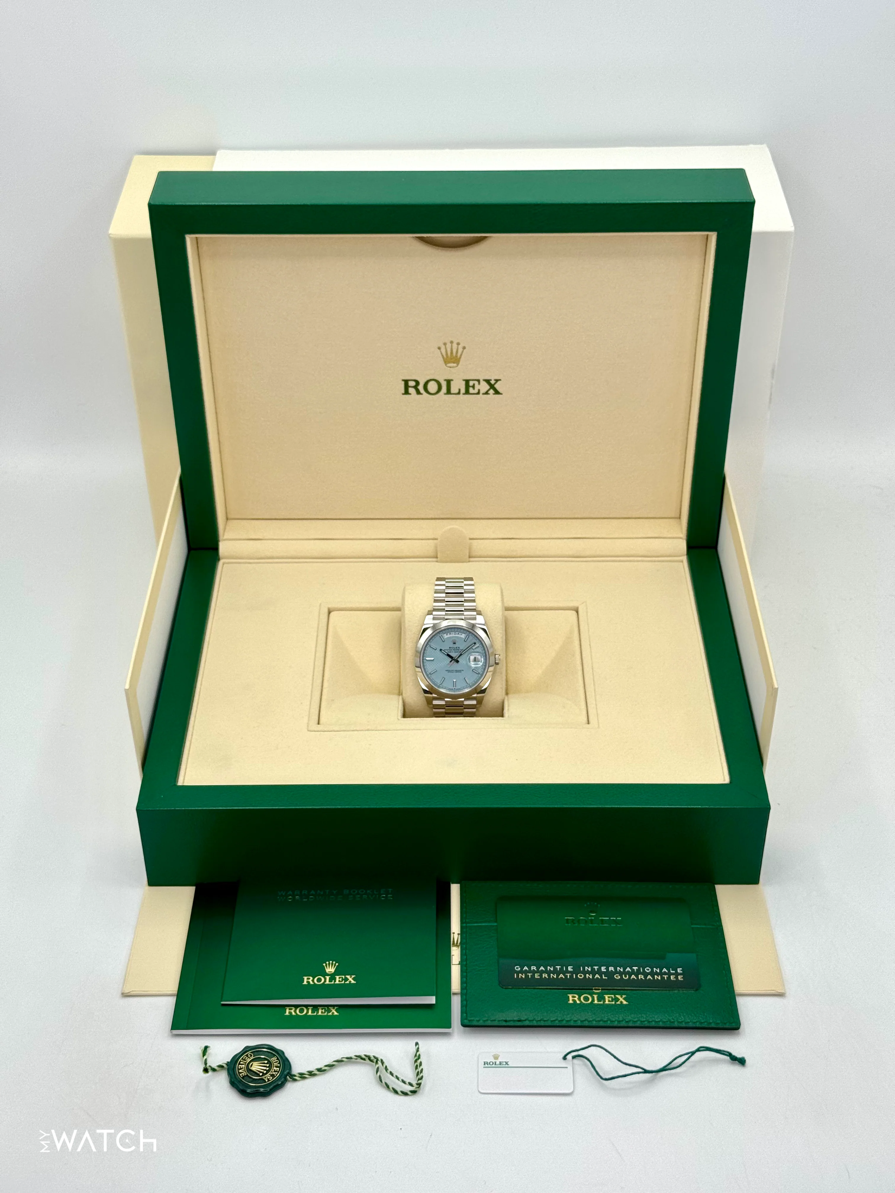 2024 Rolex Day-Date 40mm 228206 Platinum Blue Motif Dial - Image 11