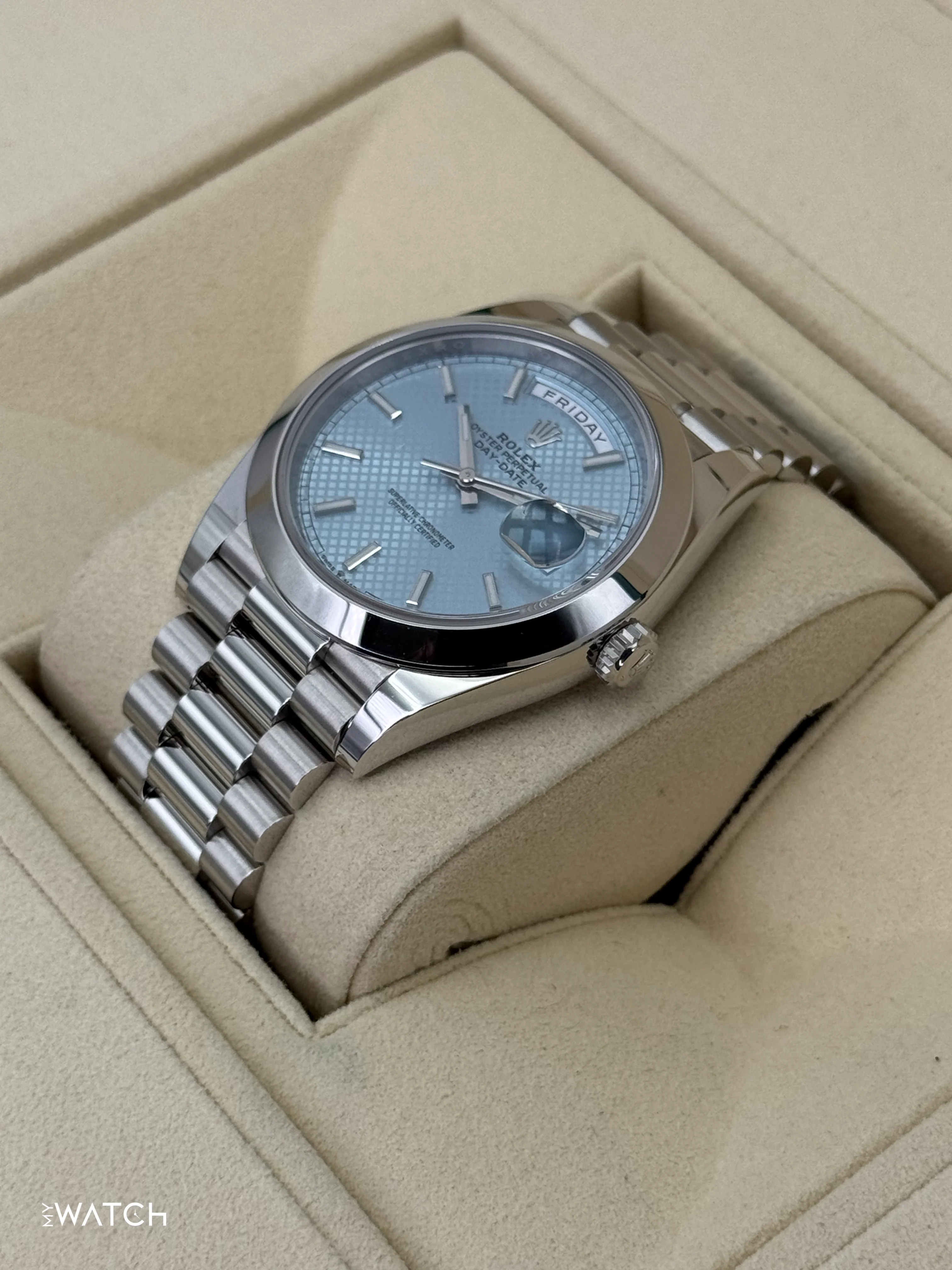 2024 Rolex Day-Date 40mm 228206 Platinum Blue Motif Dial - Image 5